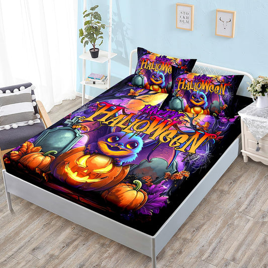 HOSIMA Happy Halloween Fitted Sheets Twin Size,Bat Lying on Pumpkin Lantern,Forest Castle Background Print Horror Bedding Set for Boys Girls Room Decor,1 Fitted Sheet+2 Pillowcases.