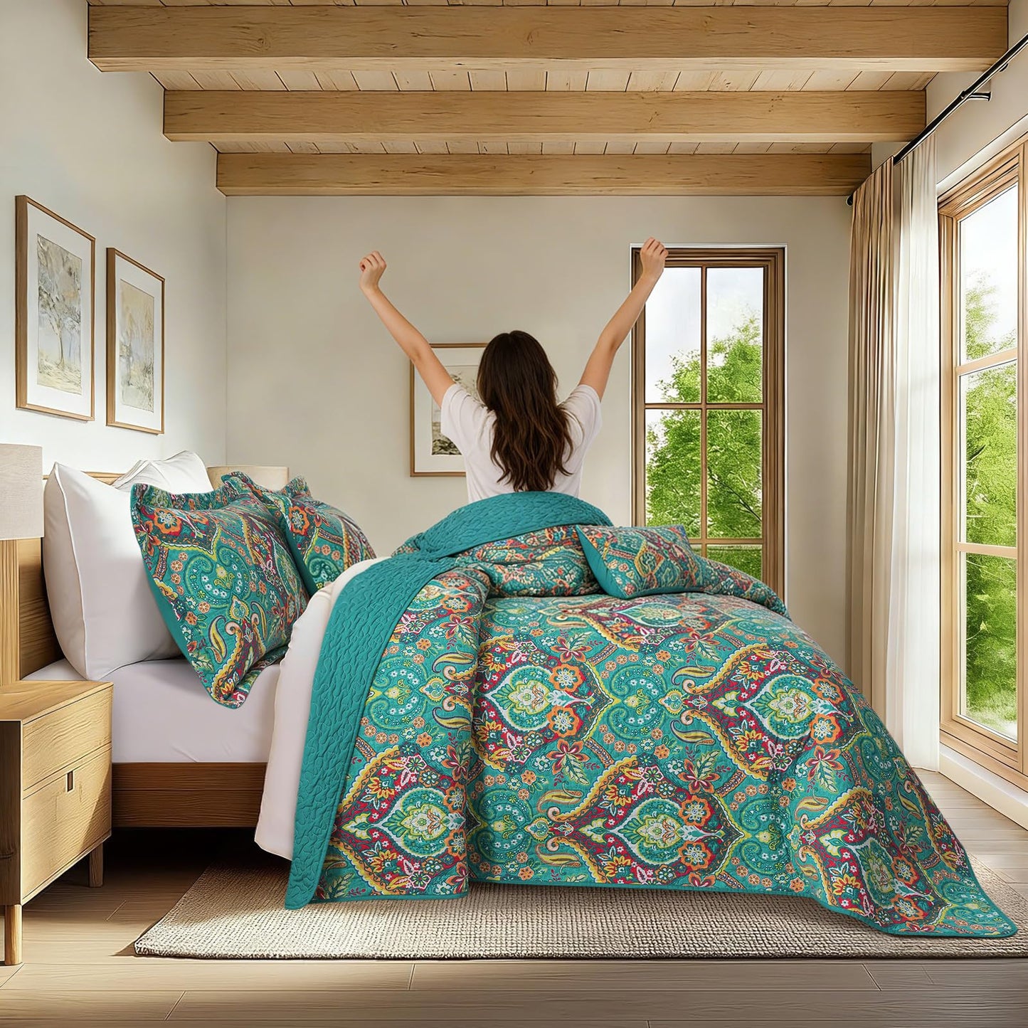 BEDIFANY Green Queen Comforter Set 3 Pieces, Cotton Queen Size Quilts for Bed, Lightweight Boho Quilted Bedspread for All Season