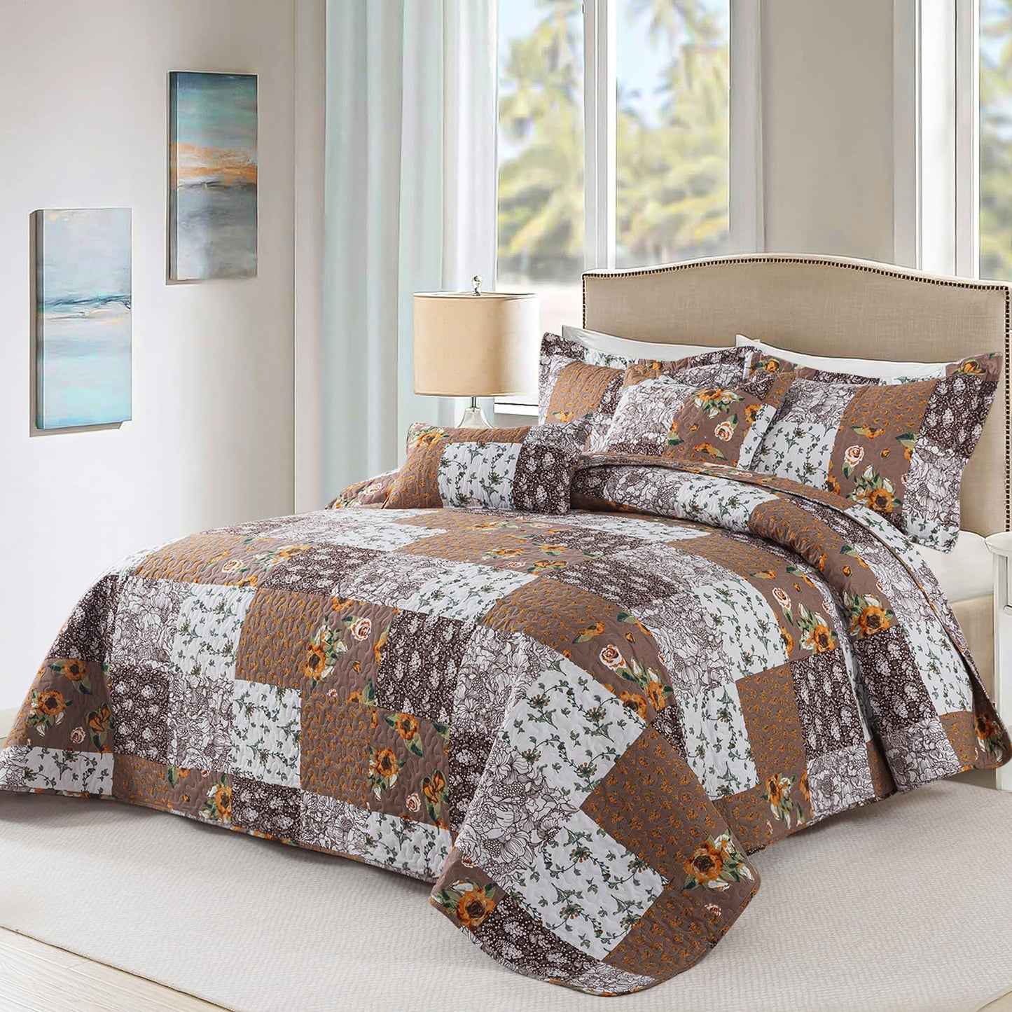 VAPUTAR Quilts Queen Size, Quilt Bedding Set with Floral Pattern, Soft and Breathable Coverlet Set, Lightweight Reversible Bedspread Suitable for All Season (90X98 inch, Brown)