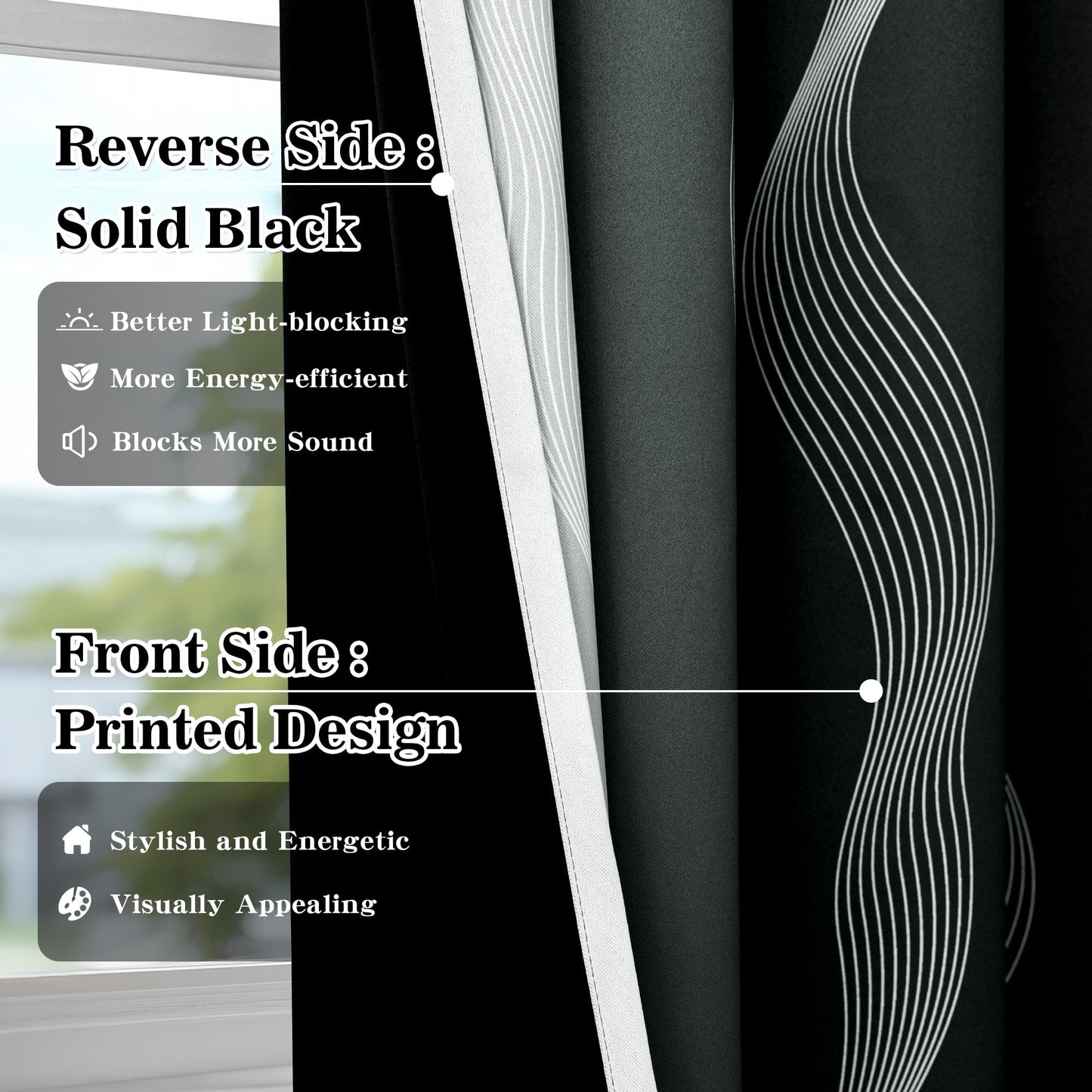 MYSKY HOME Black and Greyish White 95% Blackout Ombre Patterned Curtains 63 inch Length 2 Panels for Bedroom Thermal Insulated Energy Saving Wave Line Foil Print Design Grommet Drapes, 52" W