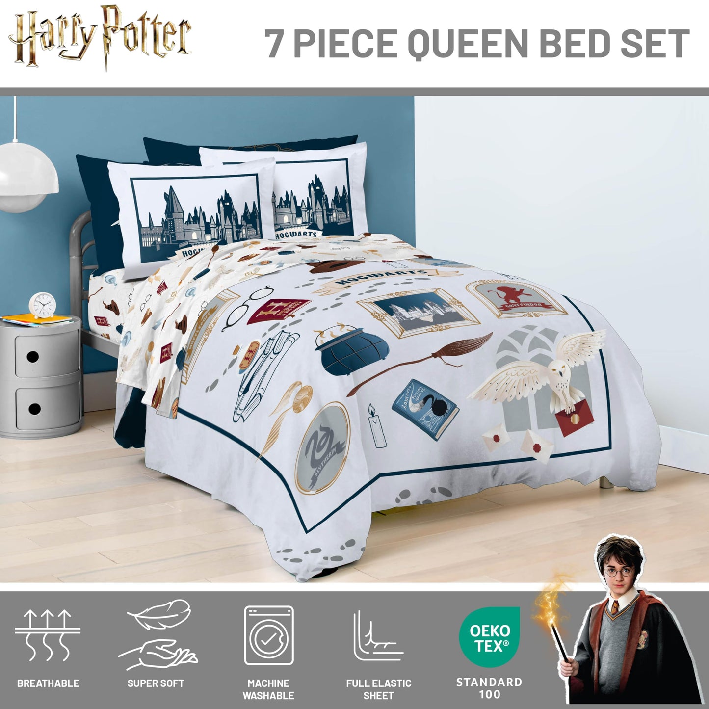 Jay Franco Kids Bed Set, Dark Grey, Harry Potter, 7 Piece Queen