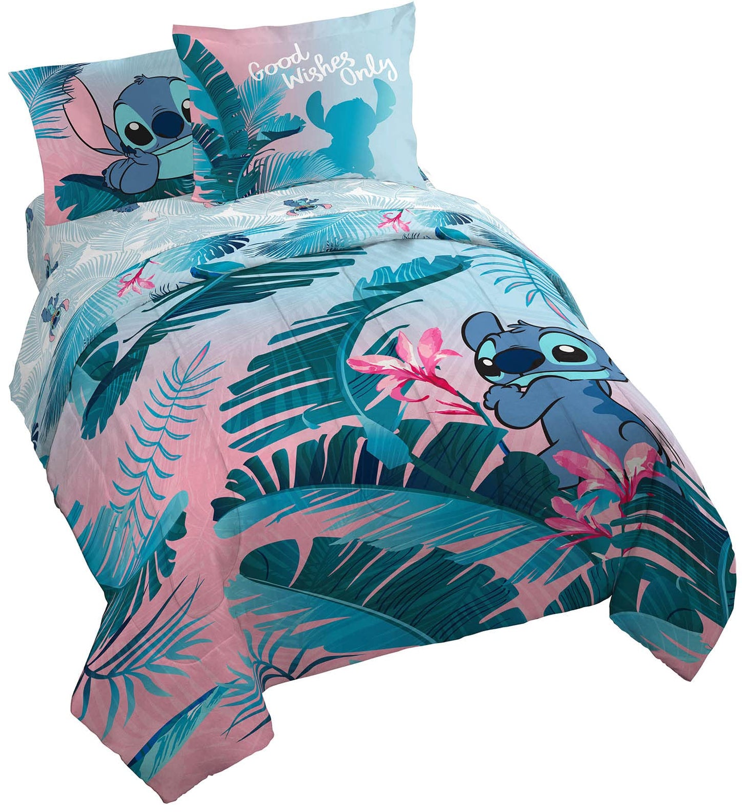 Jay Franco Disney Lilo & Stitch Floral Fun 7 Piece Queen Bed Set - Includes Reversible Comforter & Sheet Set Bedding - Super Soft Fade Resistant Microfiber - (Official Disney Product)