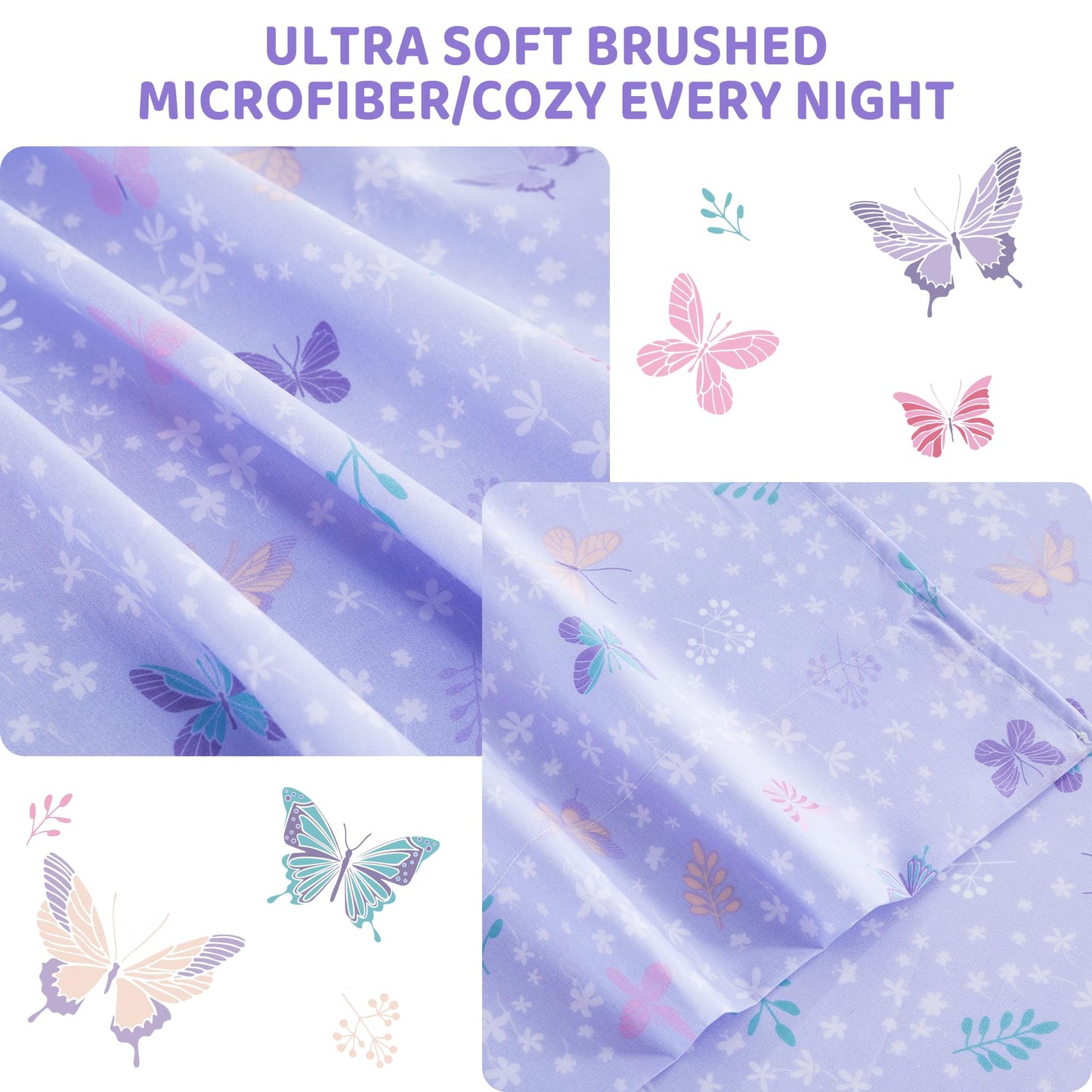 Viviland 3 Pieces Girls Light Purple Twin Sheet Set - Soft Microfiber Fitted Flat Sheets & Pillowcase - Butterfly Floral Printed Bedding Sets - for Kids & Toddlers