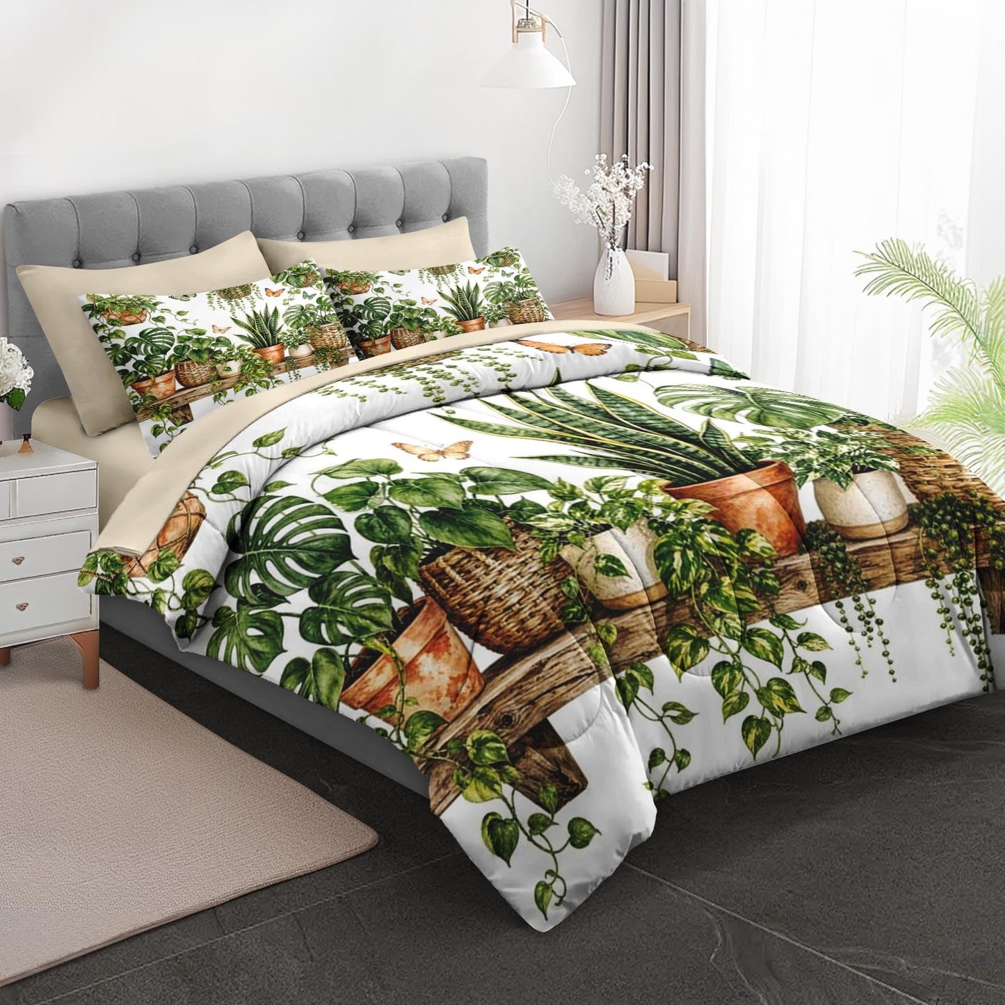 Boewywh Comforter Set Twin Size Plant Botanical Butterfly 7 Pcs, Bedding for Kids and Adults, Bed Sheet Sets with Fitted Sheet 2 Pillowcases & 2 Shams for Bedroom Bed Decor