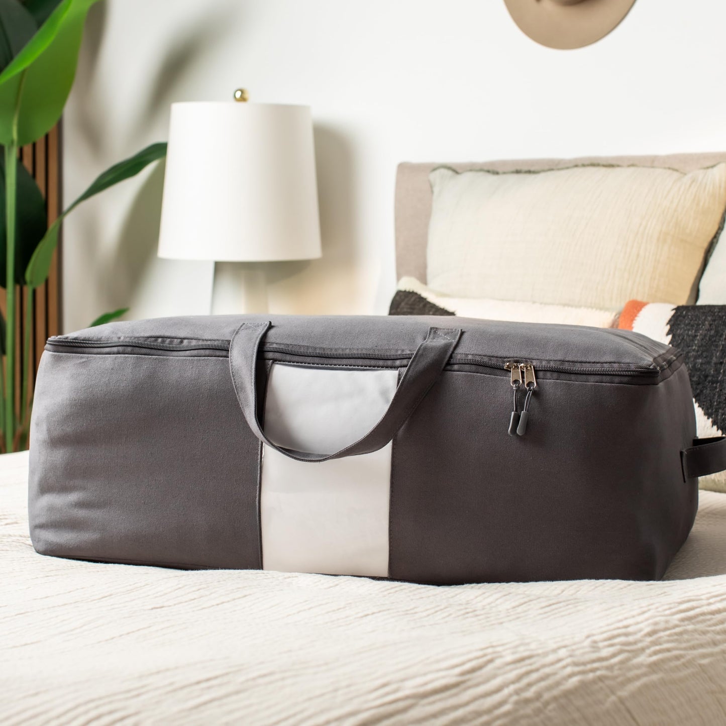 Soft Canvas Storage Bags with Zipper. Thick Breathable, 1pc King/Queen Comforter Organizer. Four Carrying Handles and Window. Large 25x19x9in Bag for Sheets Blankets Bedding Pillows, Clothes (Grey)