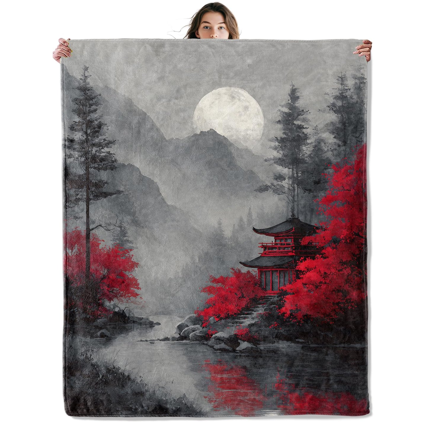 SOMEKLLY Asian Pagoda Throw Blanket Soft Cozy Lightweight Flannel Blankets with Moon Mountain River and Red Maple Background Printed for Nature Lovers Bedroom Dorm Office Home Decor Gifts 50x60 Inch