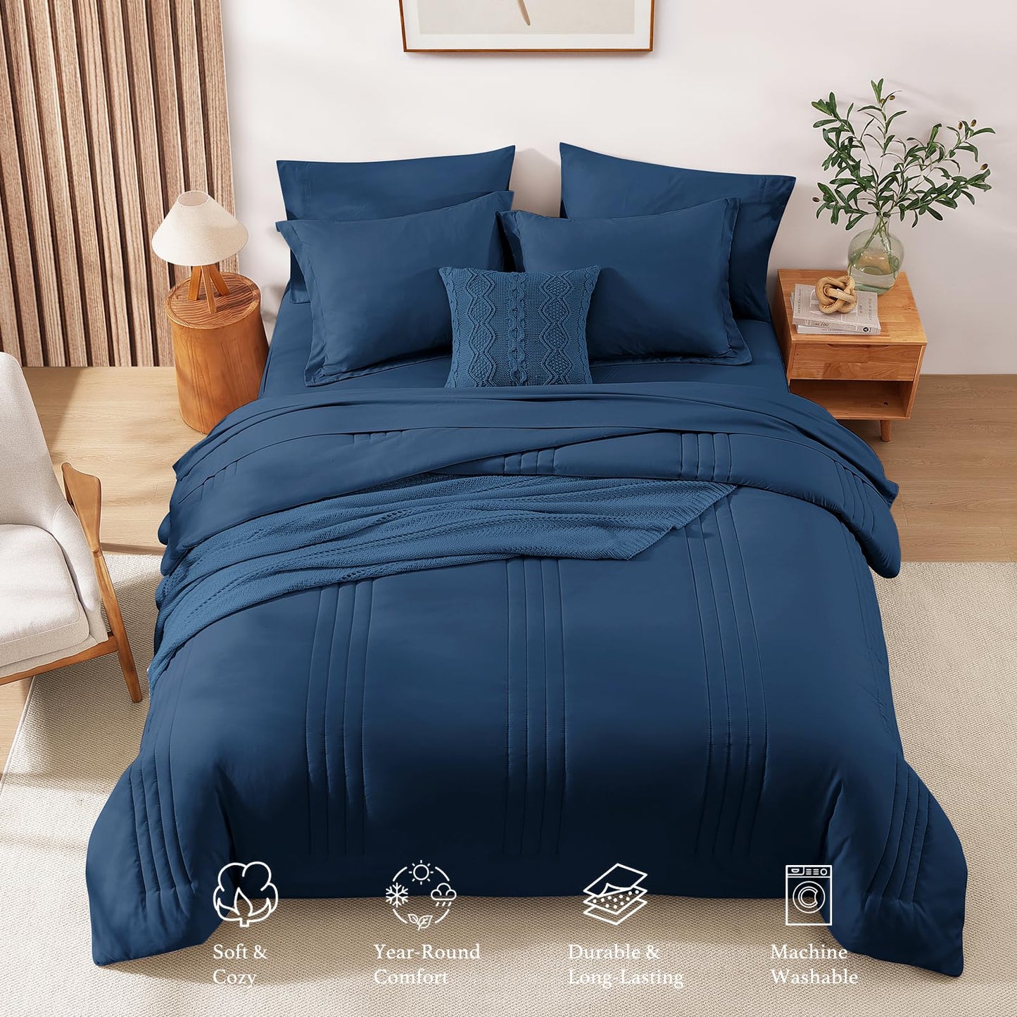 Monbix Queen Comforter Set - 7 Pieces Serenity Blue Bed in a Bag, Queen Size Bedding Sets with Comforters, All Seasons Comforter with Sheets,Pillowcases & Shams