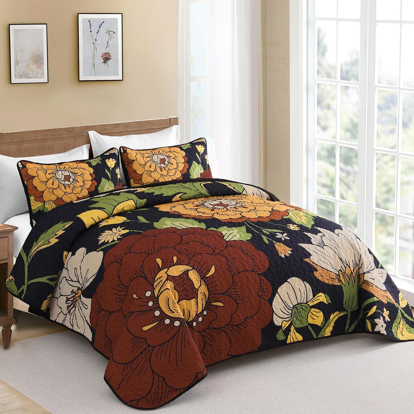 DJY Floral Quilt Set Queen Size Black Boho Bedspread Coverlet Set 3 Pieces, Botanical Quilt Lightweight Microfiber Farmhouse Floral Bohemian Bedding Set with 2 Pillow Shams for All Season (96''x90'')