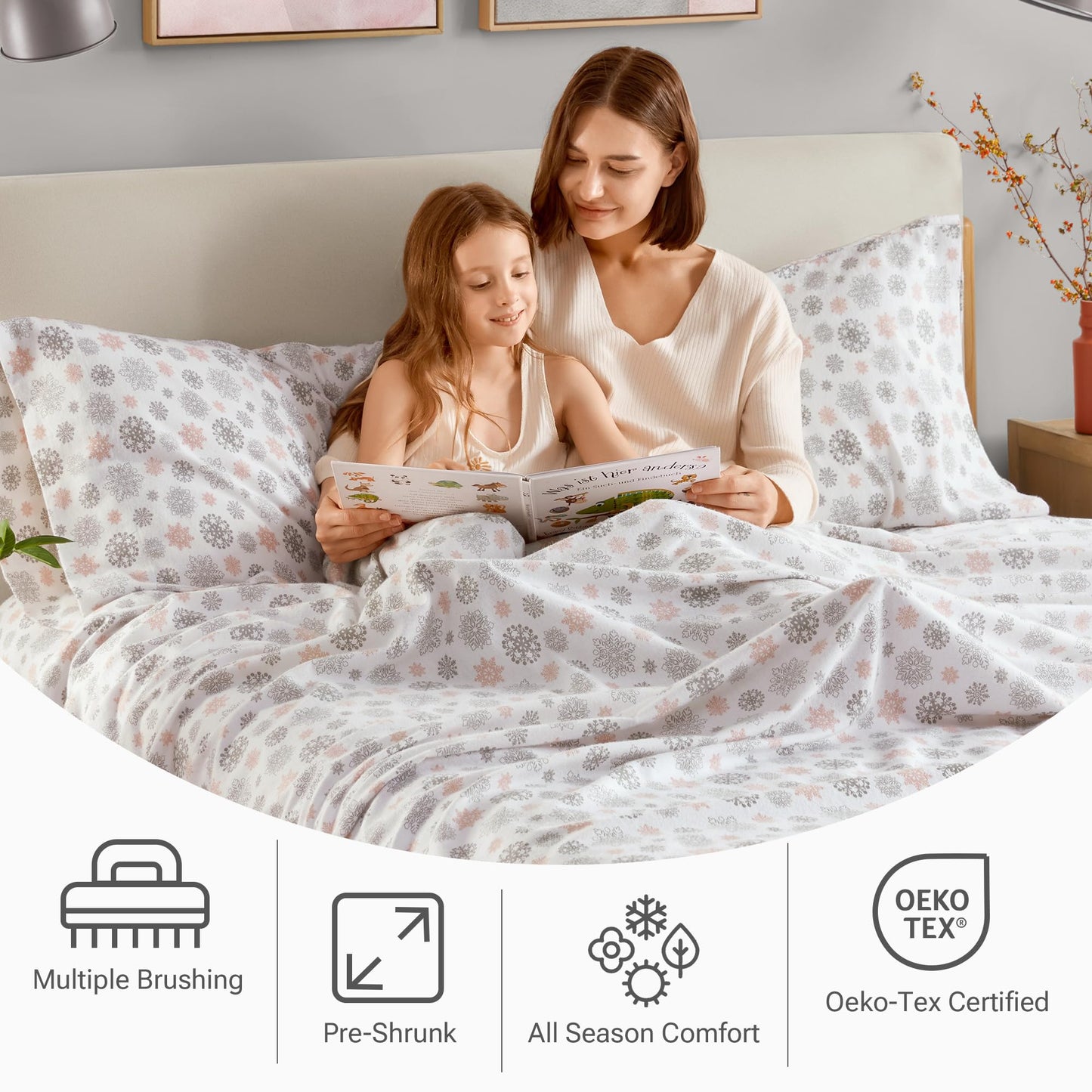 True North by Sleep Philosophy Cozy Flannel Warm 100% Cotton Sheet - Novelty Print Animals Stars Cute Ultra Soft Cold Weather Bedding Set, Twin XL, Pink/Grey Snowflakes 3 Piece