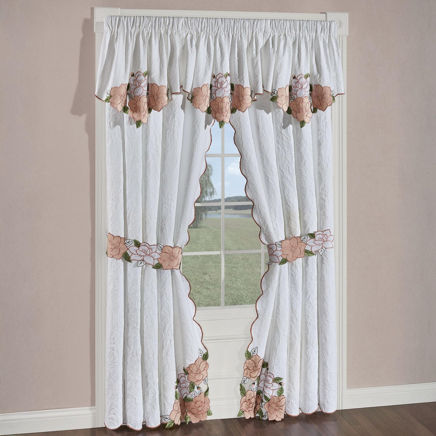 Lovington Floral Luxury Matelasse Window 3 Ascot Valances & Curtains Set