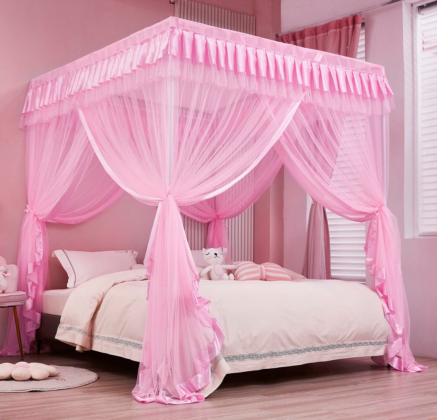 Mengersi 4 Corners Post Canopy Bed Curtains for Girls Full Size - Royal Luxurious Cozy Drape Canopy Bed Frames Netting for Kids Adults- Cute Princess Bedroom Decoration (Pink)