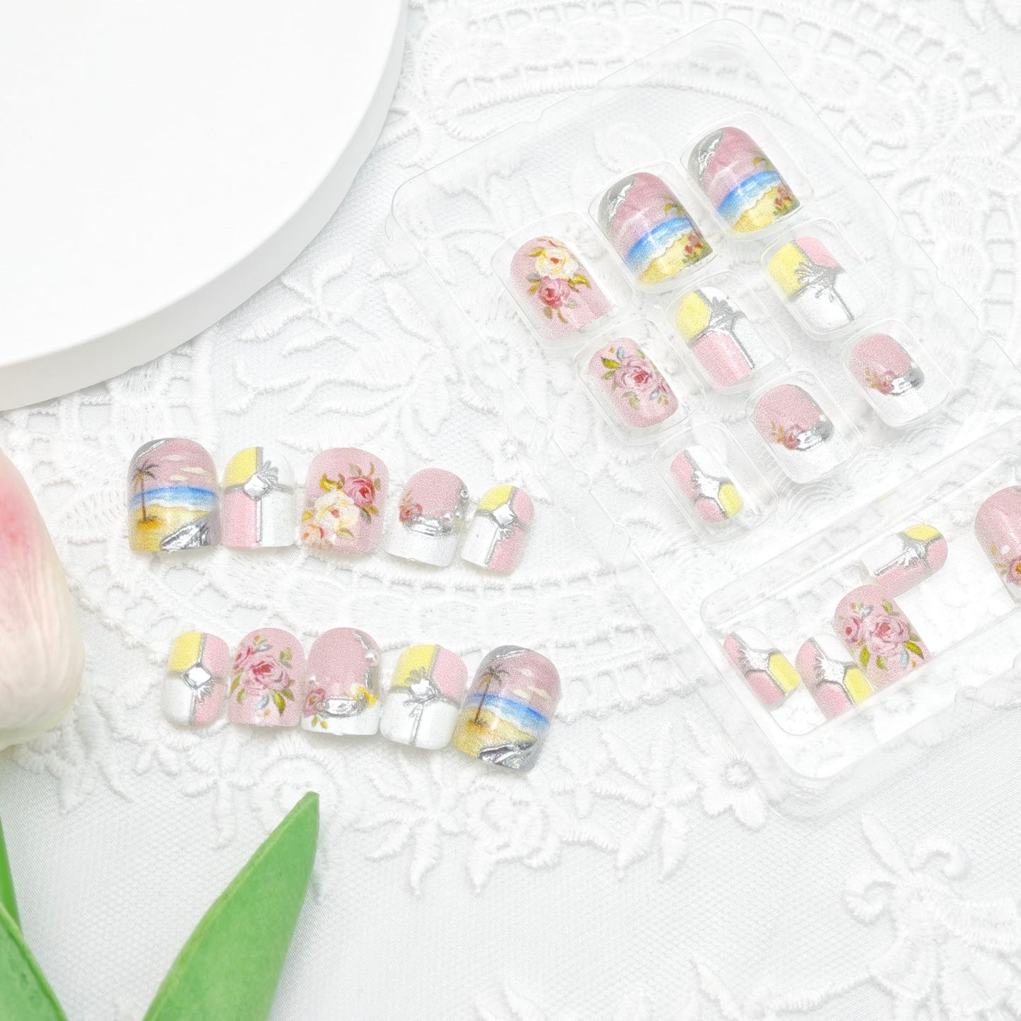 24Pcs Summer Beach Press on Nails Short Square White French Tip Fake Nails Coconut Trees Flower with Rhinestones Glitter Designs Full Cover Silver Chrome Stick on Nails Flowers False Nails for Women