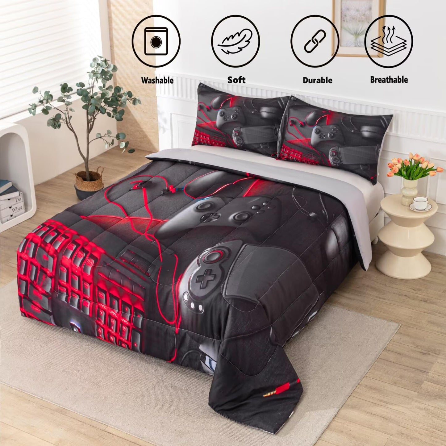 GRAT TIOC Gaming Comforter for Boys Teens,Game Bedding Sets Twin,Kids Gamer Comforter Set,Video Game Bedroom Bed Set Controller Duvet All Season 3 Piece