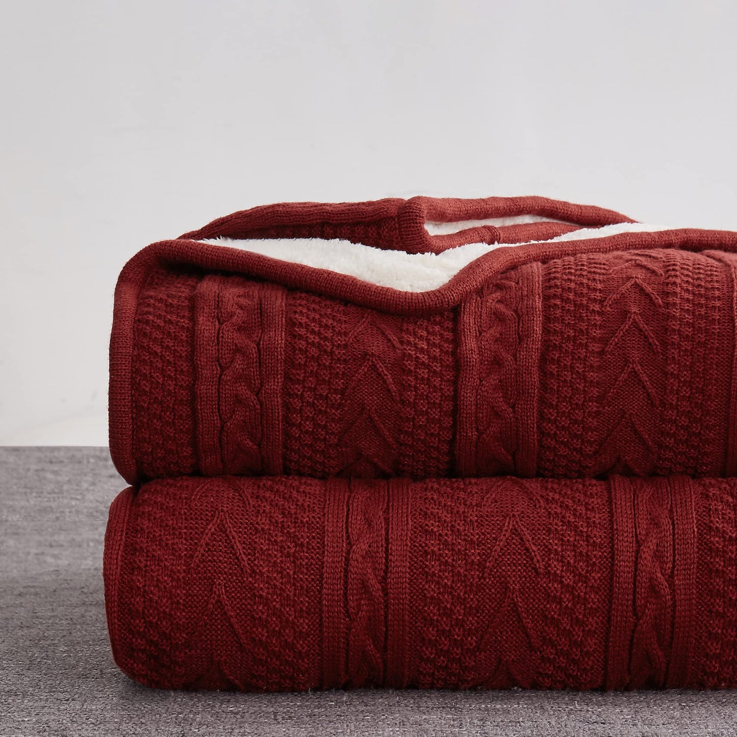 Longhui bedding Wine Red 50 x 63 Inches Acrylic Cable Knit Sherpa Throw Blanket - Thick, Soft, Big, Cozy Knitted Fleece Blankets for Couch, Sofa, Bed - Large Coverlet All Season, Burgundy Color