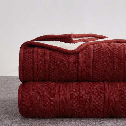 Longhui bedding Wine Red 50 x 63 Inches Acrylic Cable Knit Sherpa Throw Blanket - Thick, Soft, Big, Cozy Knitted Fleece Blankets for Couch, Sofa, Bed - Large Coverlet All Season, Burgundy Color