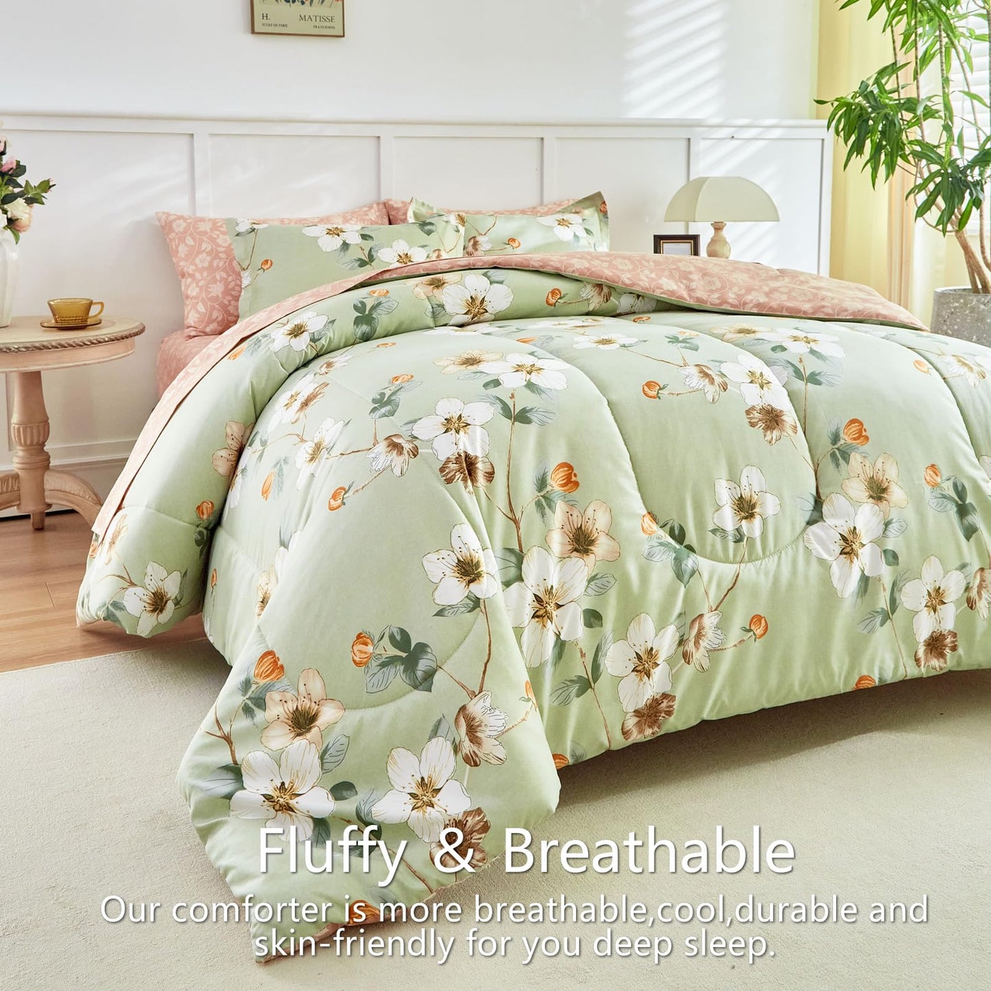 AIKASY 7 Piece Floral Comforter Set King Size - Soft Microfiber Bed in a Bag with Sheet Set for All Seasons - Green Flower Botanical Design - Reversible Bedding Set