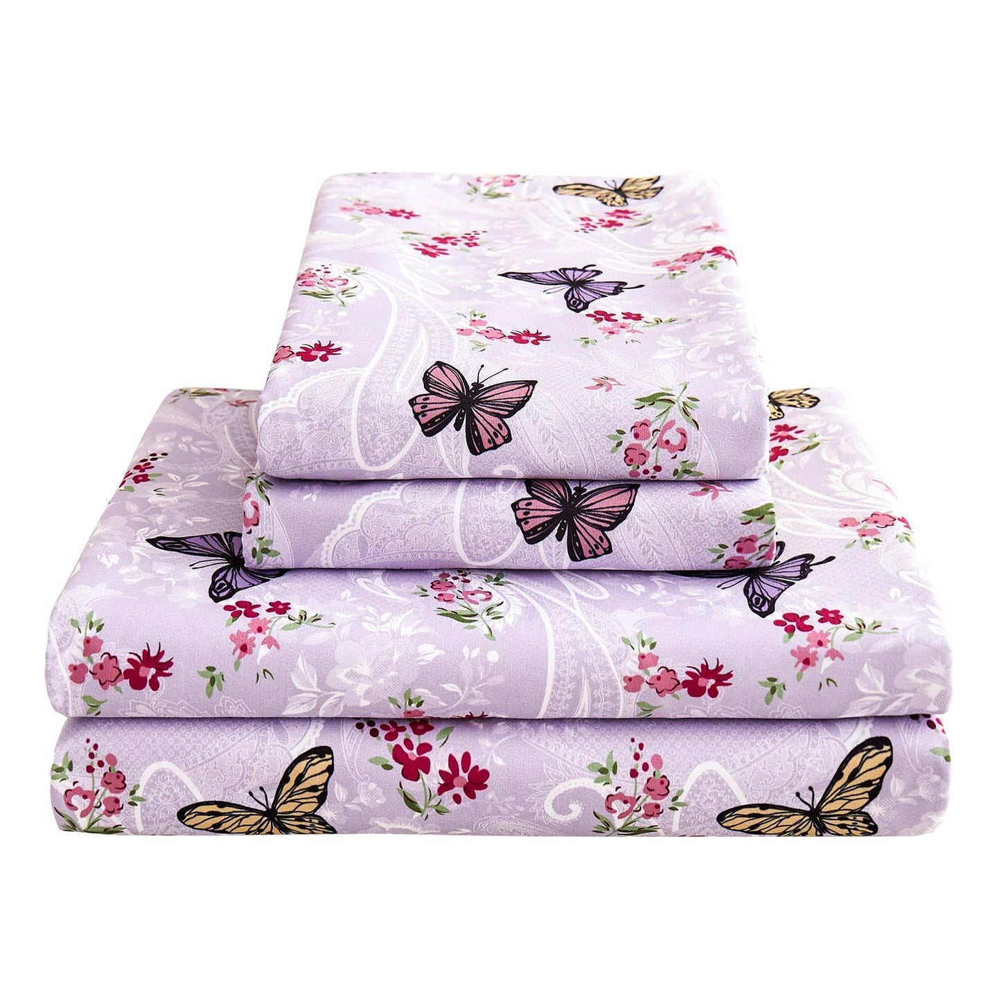 Softan Floral King Bed Sheets, Purple Paisley Flower Printed Sheet Set - Brushed Microfiber King Fitted Sheet with 15" Deep Pocket and Corner Straps, Butterfly Patterned Sheet & Pillowcase Sets