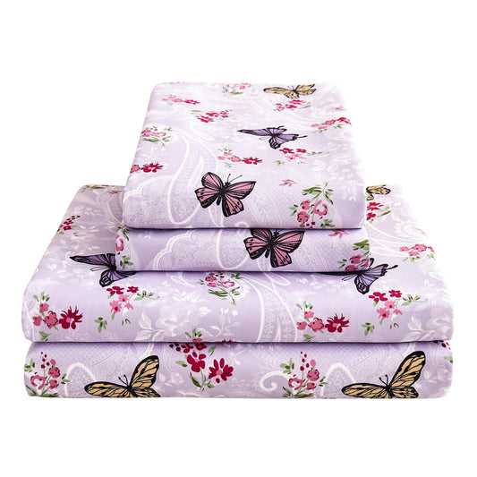 Softan Floral King Bed Sheets, Purple Paisley Flower Printed Sheet Set - Brushed Microfiber King Fitted Sheet with 15" Deep Pocket and Corner Straps, Butterfly Patterned Sheet & Pillowcase Sets