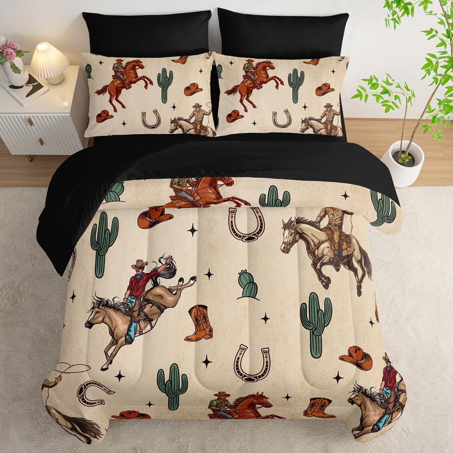 AILONEN 7-Piece Western Cowboy Comforter Sets Full Size,Rodeo Cowboy Riding Bull with Cacti Bedding Set for Kids,Ranch Jomon Comforter & Fitted Sheet with Flat Sheet & 2 Pillowcases,2 Pillow Shams