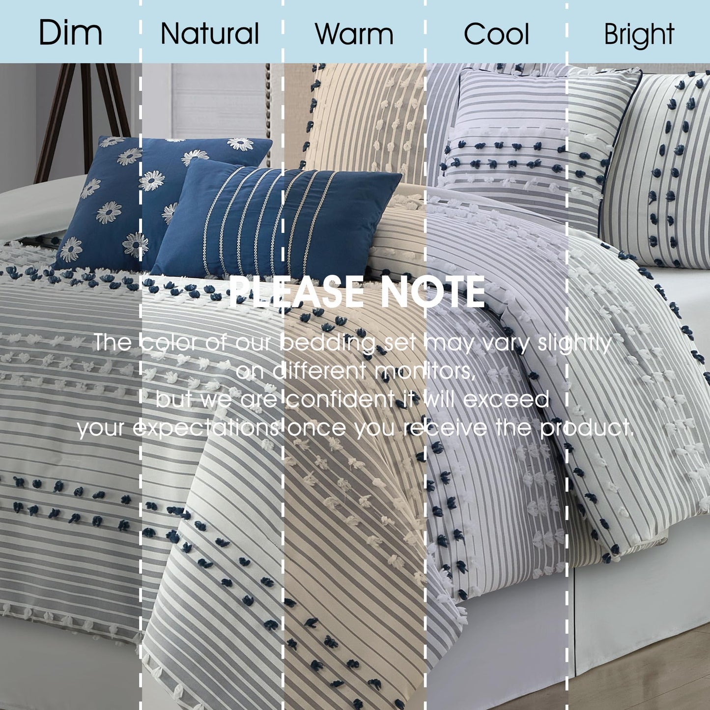 LANCO MODERN LIFESTYLE California King Comforter Set, Blue, Jaquard Clip Striped Design, Elegant Soft 7 Pieces Bedding Set for All Seasons, Matching Bedskirt, Pillow Shams and Decor Pillows