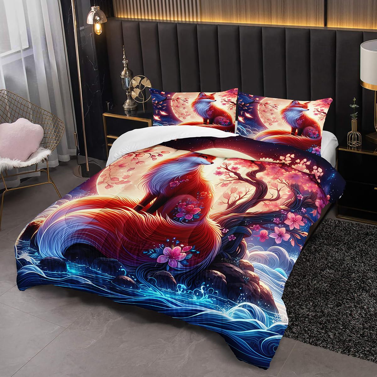 Nttopship Fox Comforter Bedding Set with 2 Pillowcase Full Size Cartoon Fox Sakura Comforter Set for Kids Boys Girls Bedroom Decor