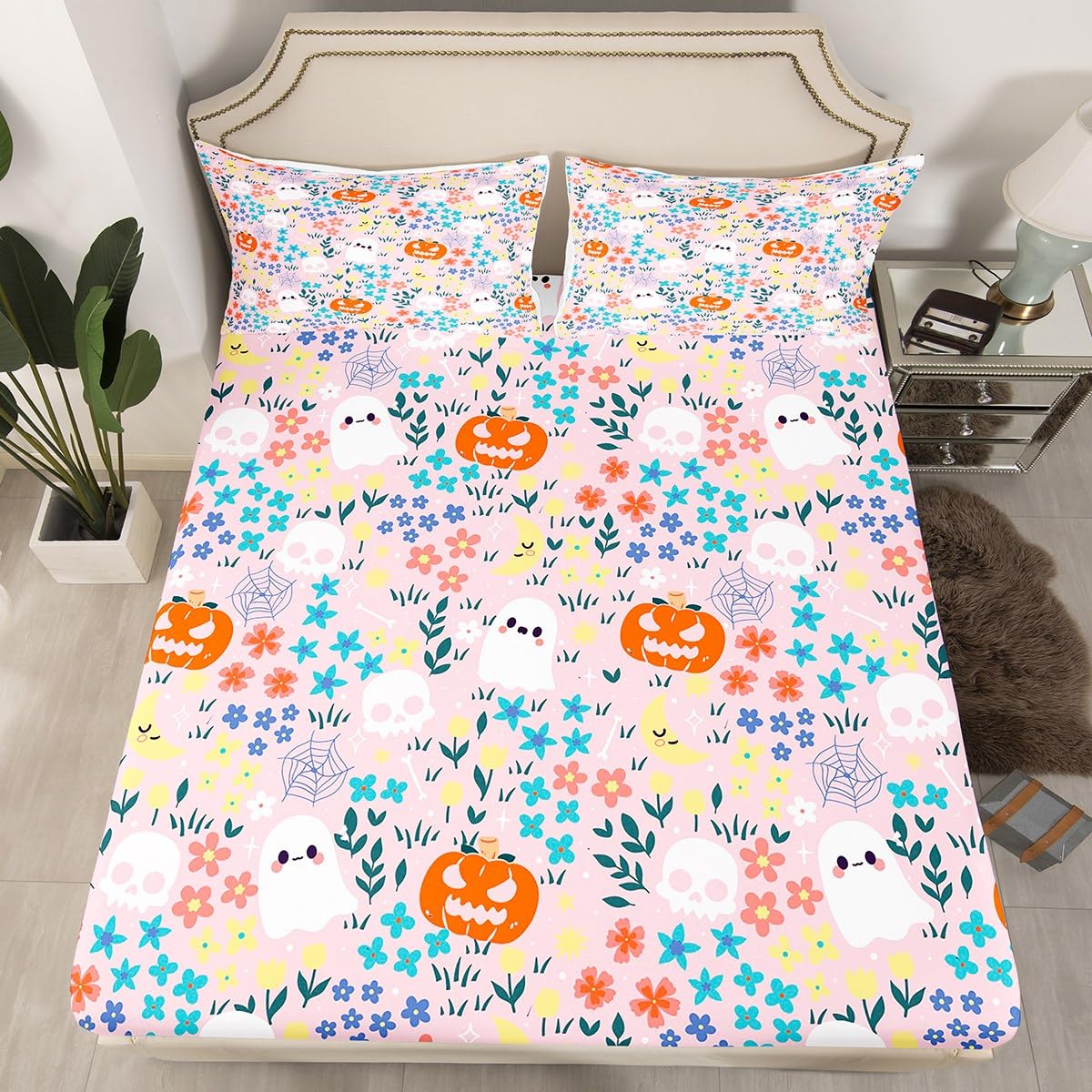 jejeloiu King Size Cute Halloween Bed Sheets Set for Kids Boys Girls Ghost Pumpkin Floral Fitted Sheet Pink Boo Spooky Bedding Set Bedroom Decor Breathable Soft Lightweight Microfiber 4Pcs