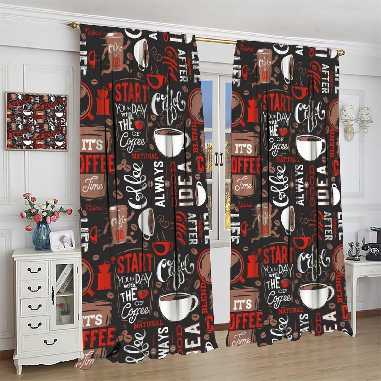 HZOHNAGO Coffee Kitchen Curtains Coffee Red Hot Mocha Latte Milk Pattern Blackout Print Rod Pocket Window Drapes for Bedroom Living Room Kitchen 42x45in