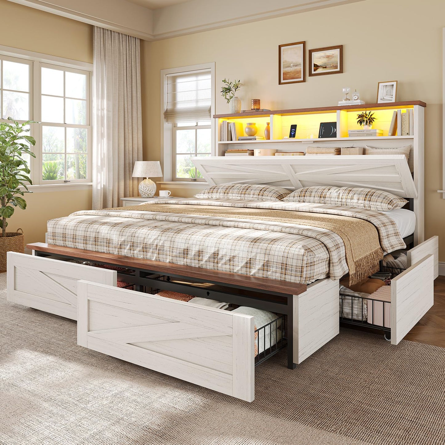 VIAGDO Full Size Bed Frame with 6 Drawers, Farmhouse Bed Frame with Barn Door Headboard and Storage, Wood Platform Bed Frame Full Size with Charging Station and LED Lights, No Box Spring Needed, White