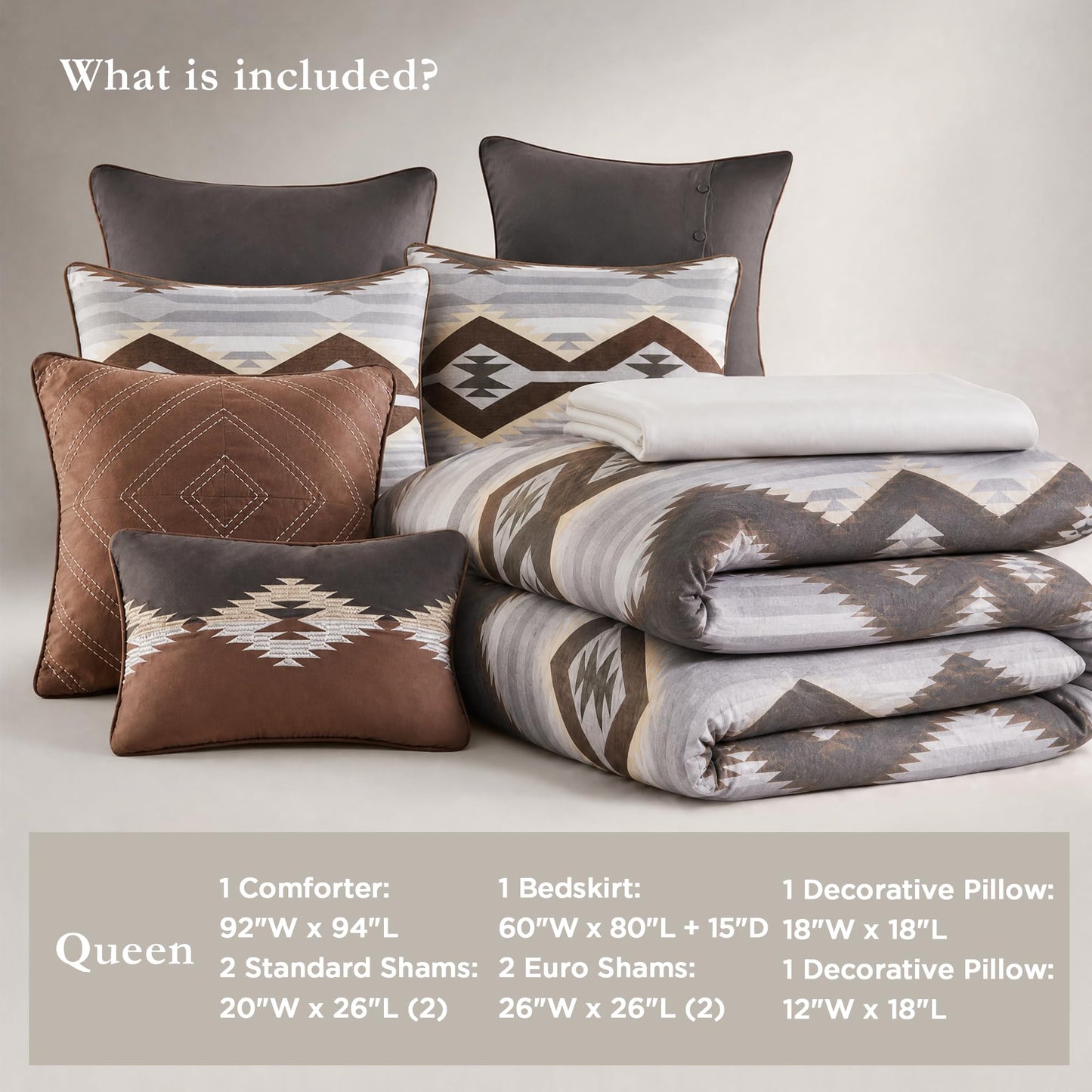 Woolrich Queen Comforter Set, Southwestern Aztec 8 Piece Bedding Set, Oversized All Season Down Alternative Comforter with Shams, Euro Shams, Decorative Pillows & Bedskirt, Rustic Cabin, Grey Brown