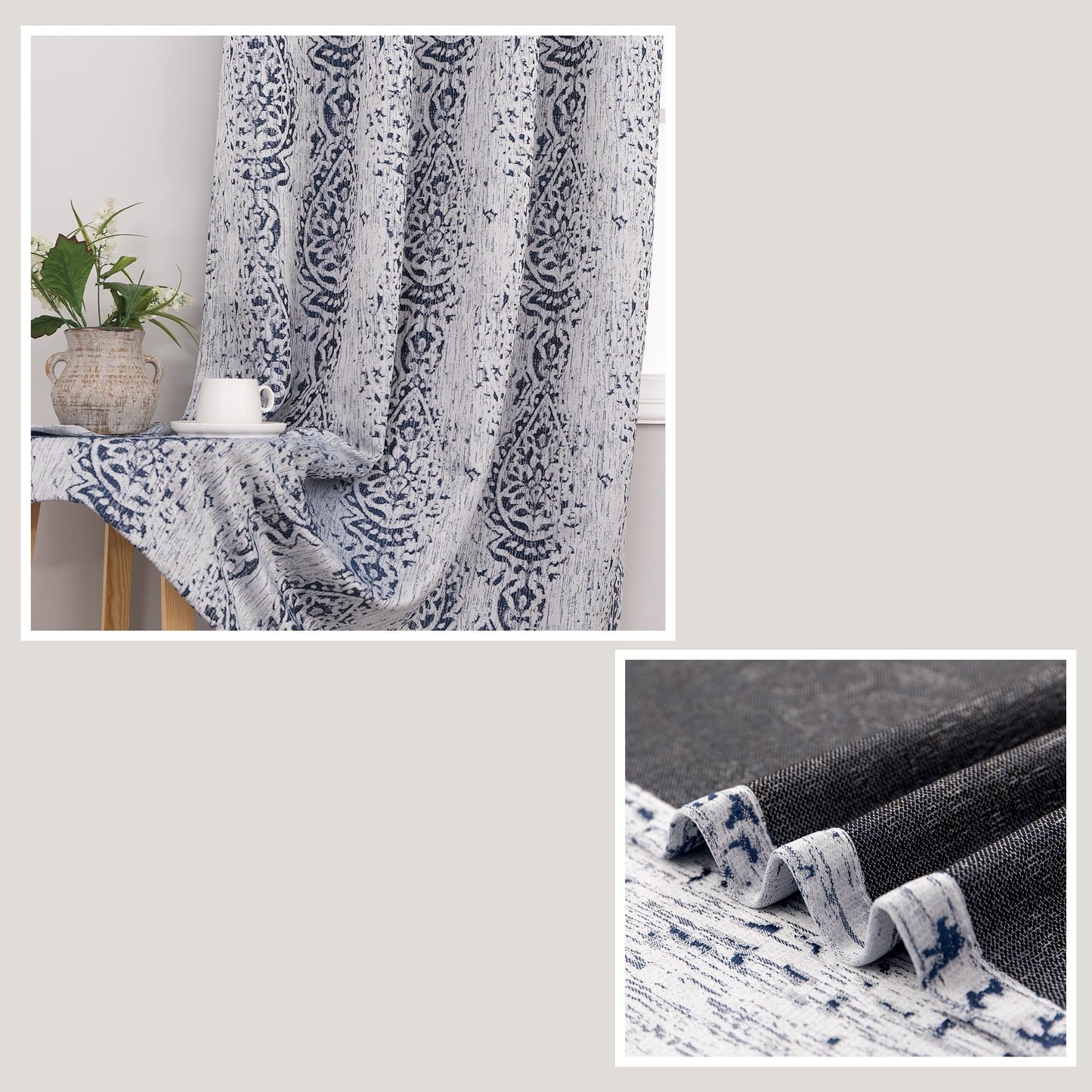 84 Inch Length Navy Blue Pattern Curtains for Living Room 2 Panel Set Grommet Damask Medallion Print Textured Grey Cream White Jacquard 50% Blackout Darkening Window Curtain Drapes for Bedroom