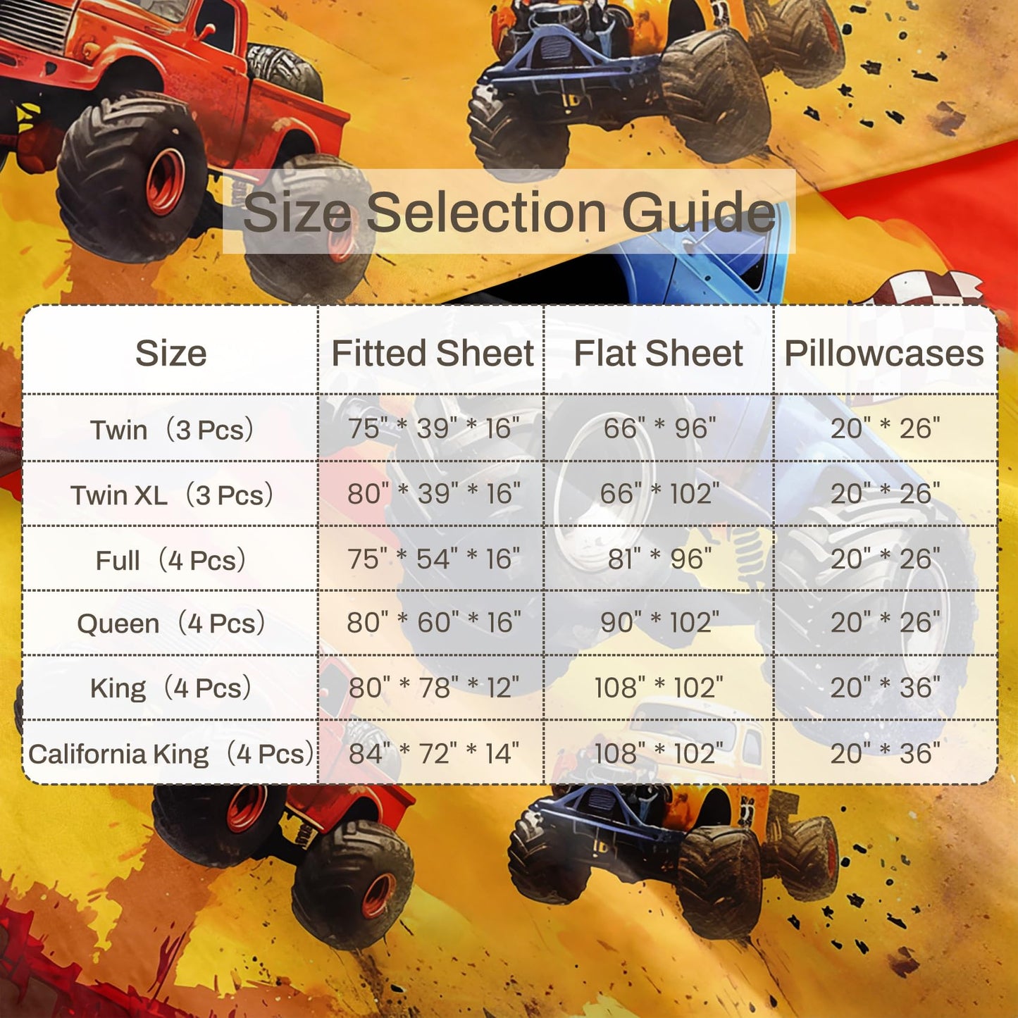 Monster Truck Bedding Set 4 Pcs Boys Queen Sheets, Blue