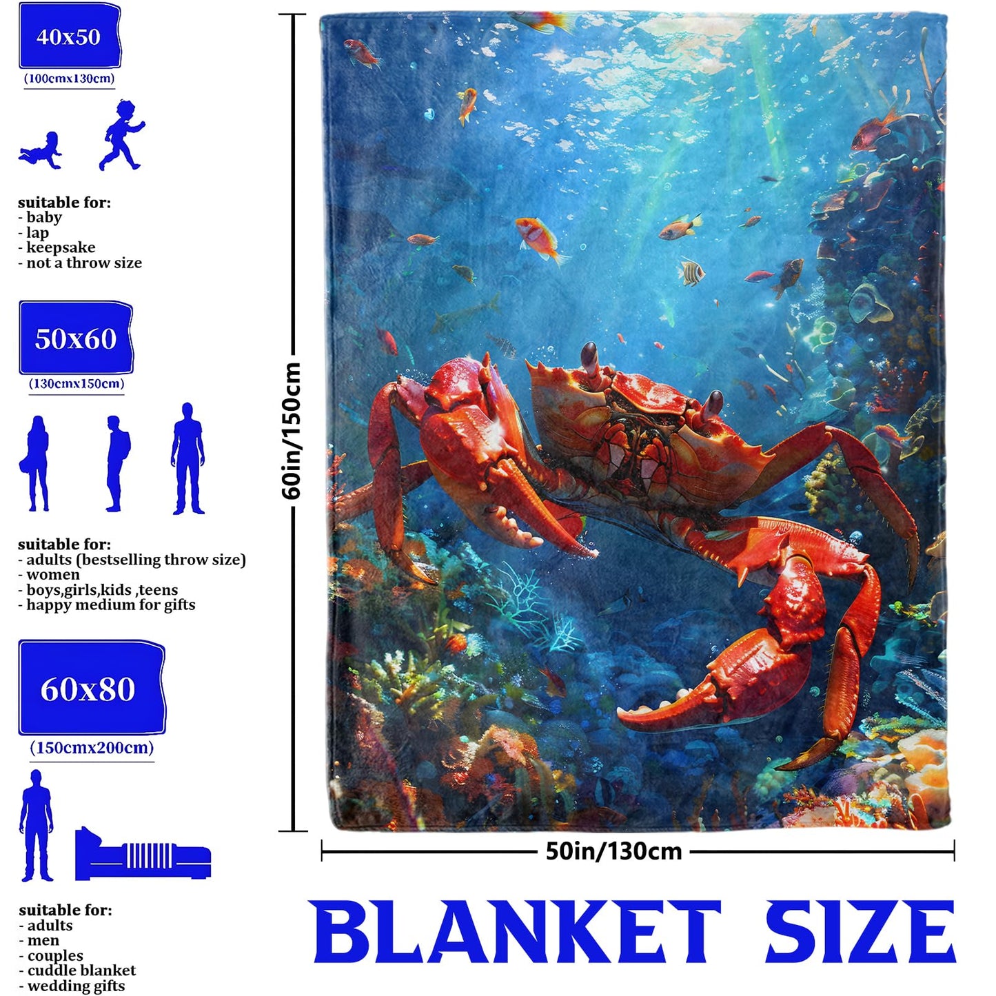 Red Crab and Coral Reef Throw Blanket for Boys Girls Kids Adults Women, Fuzzy Warm Soft Cozy Flannel Blankets Gifts for Bedroom, Couch, Travel, Home Decor 50x60 in