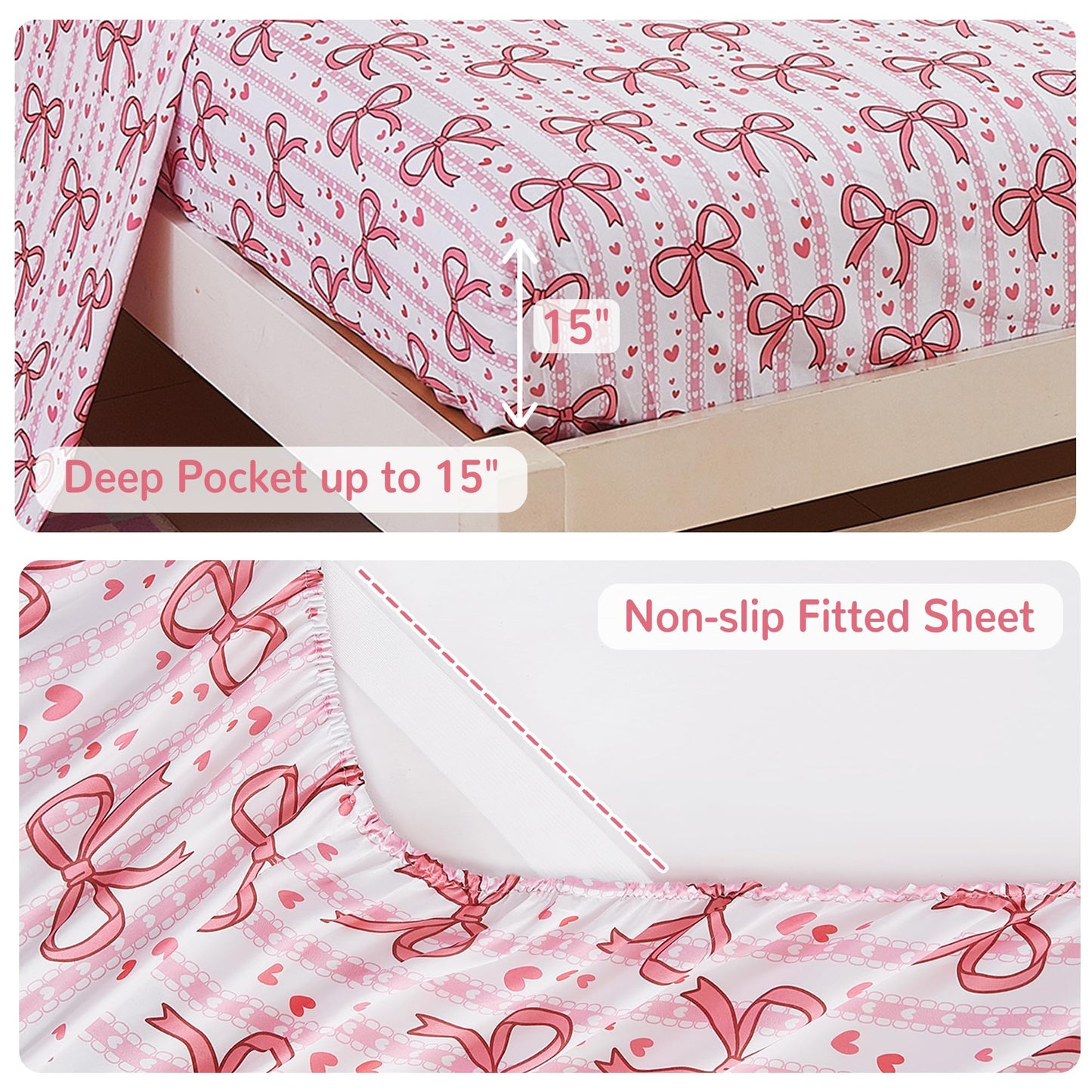 Viviland Kids Full Bedding Sets for Girls, Soft Full Comforter Set with Sheets, 7 Pieces Microfiber Bed in a Bag, Pink Bow