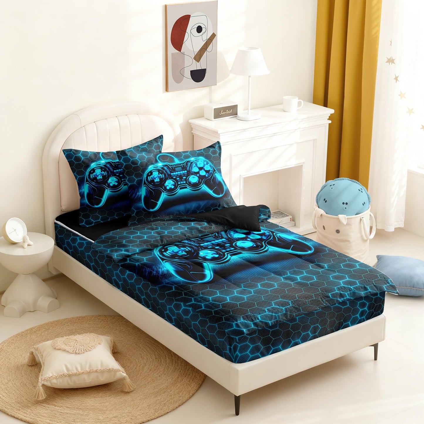 Yadangxiawa Kids Comforter Set,Zipper Bedding Twin for Teen,Gaming Printed Comforter Set with Fitted Sheets and Pillowcases for All Season(Honeycomb Gamepad Twin)