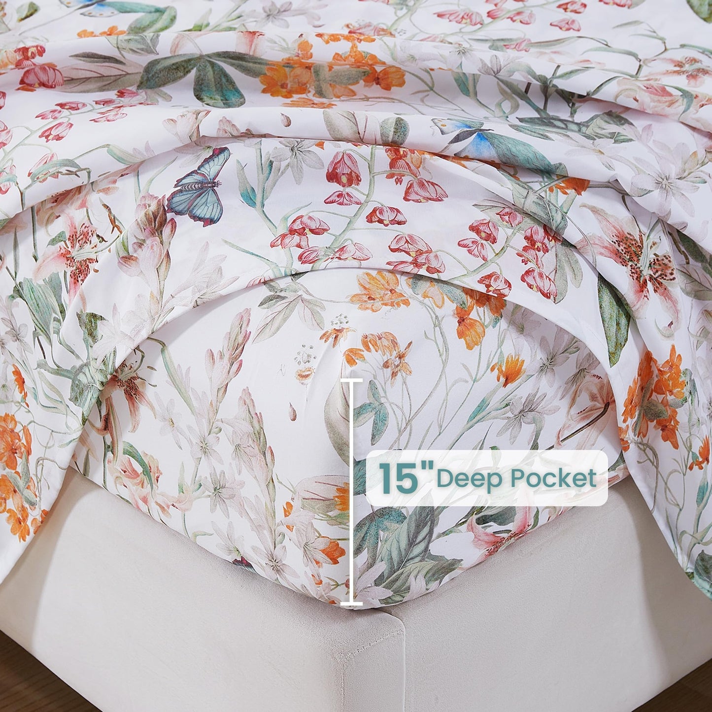 Softan Green Floral Full Sheet Set, Cozy Microfiber Butterfly Printed Fitted Bed Sheet with 15" Deep Pockets & Non-Slip Straps, Cute Girls Patterned Double Sheets & Pillowcase Set