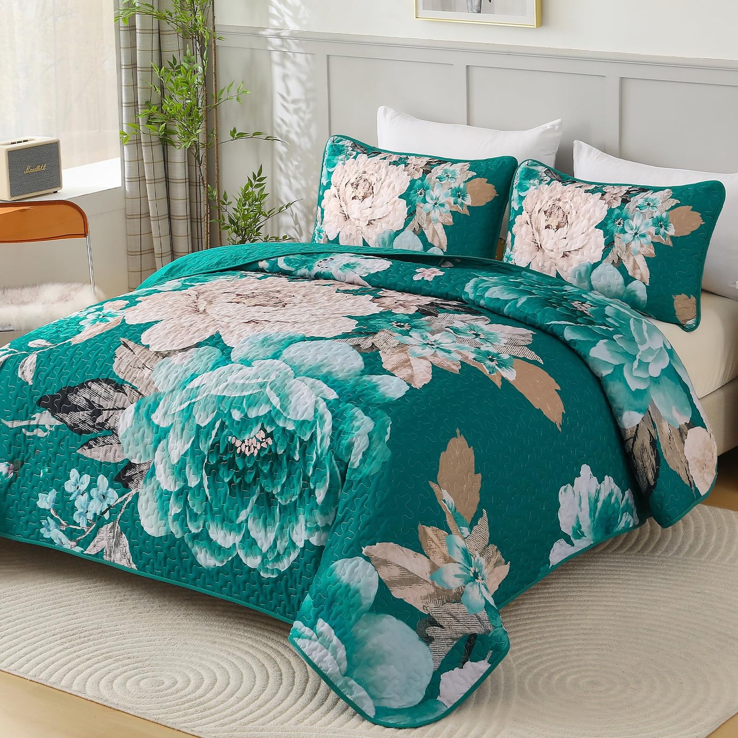 WONGS BEDDING Teal Boho Floral Quilt Set Queen, Elegant Flower Bedspread Coverlet Set for All Season, 3 Pieces Farmhouse Lightweight Reversible Bedding Set with 2 Pillow Shams 96"X90"