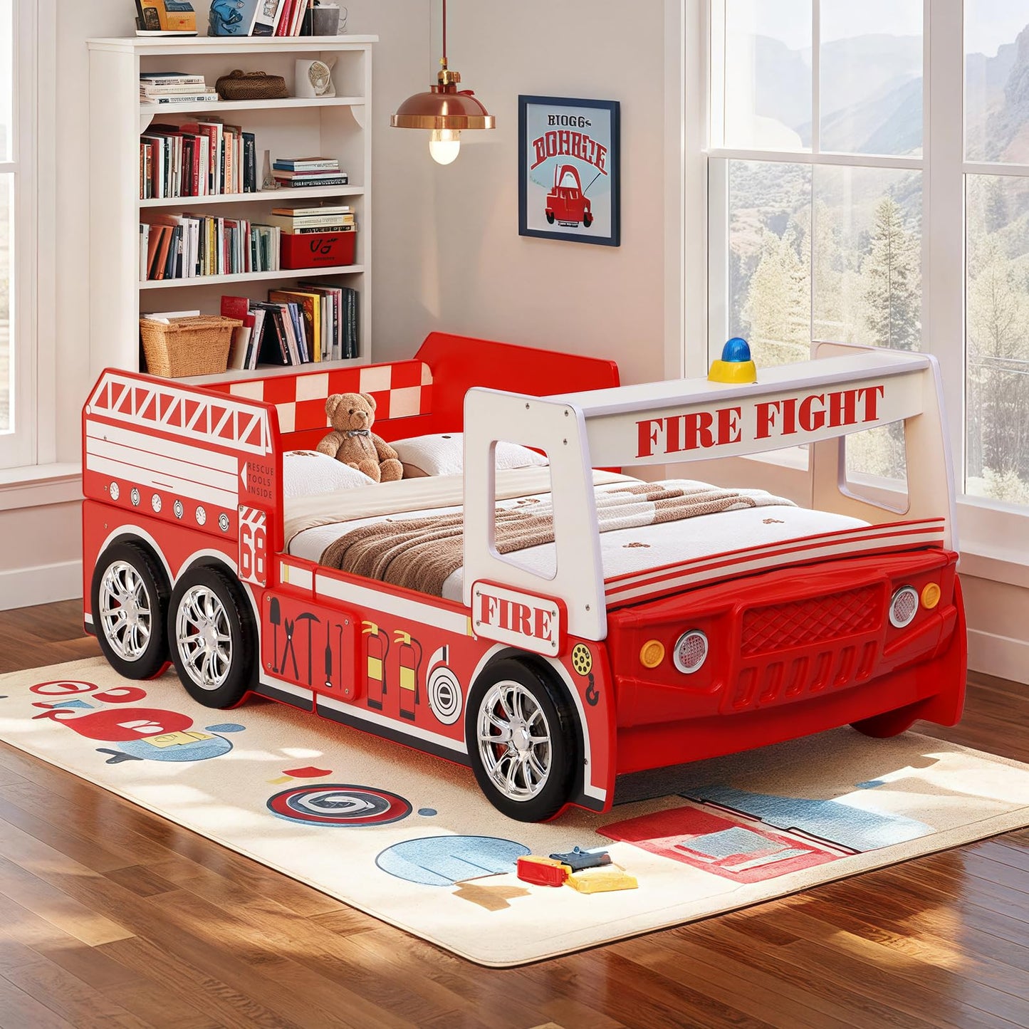 LKTART Twin Size Car Bed for Kids, Fire Truck-Shaped Wooden Platform Bed Frame with LED Lights, Headboard Wheels and Support Slats for Boys Toddlers Child's Bedroom (Red)