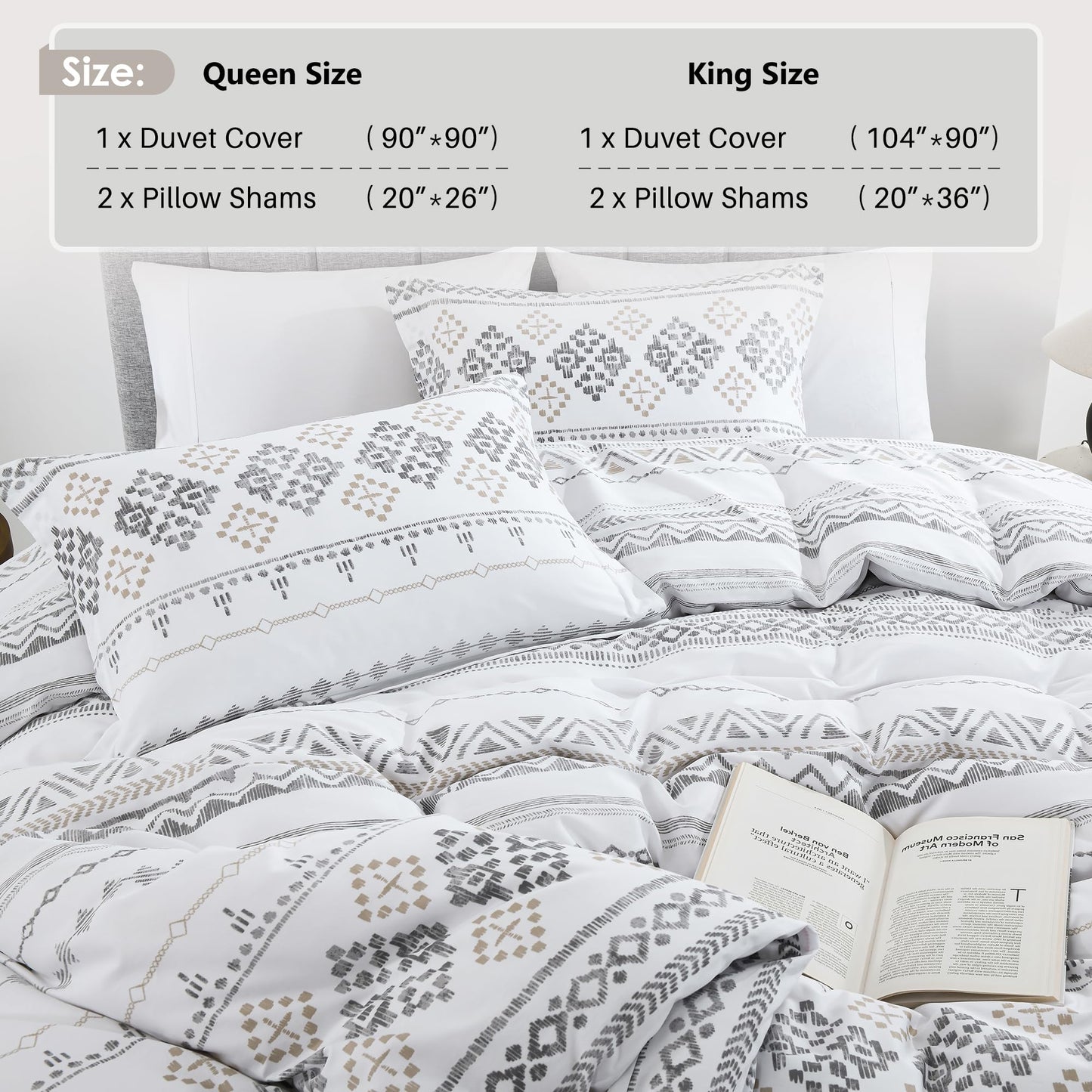 VOOVY Duvet Cover King - 100% Cotton Boho Duvet Cover King Size, 3 Pieces Bohemian Geometric Lightweight Soft Breathable Bedding Duvet Covers Set for All Season (Charcoal, 104"x90", No Comforter)