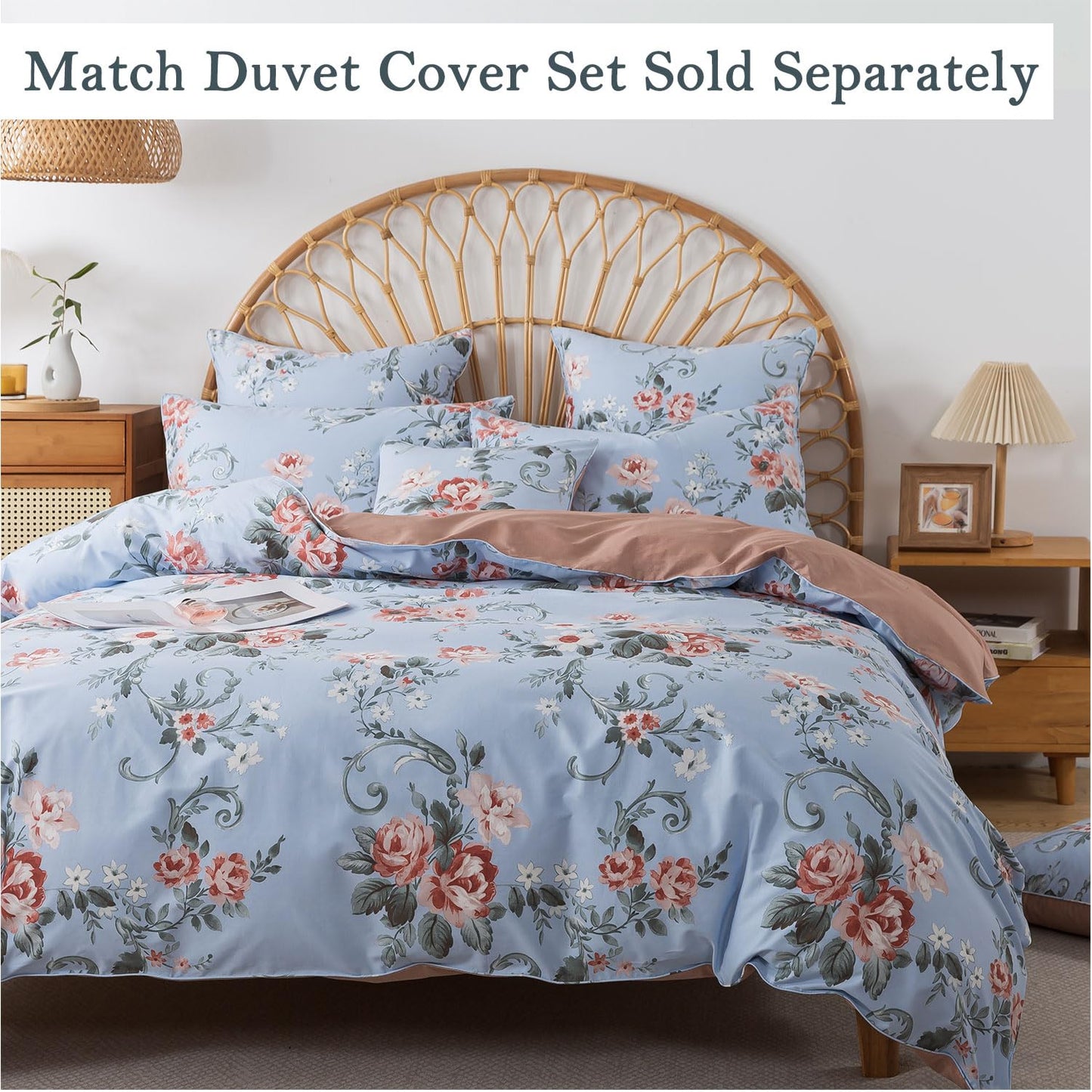 FADFAY Queen Sheets Set Percale Cotton Floral Bed Sheets Deep Pocket Fitted Sheet, Luxury Pink Roses and White Small Flowers Pattern Shabby Vintage Countryside Style Bedding,4Pcs