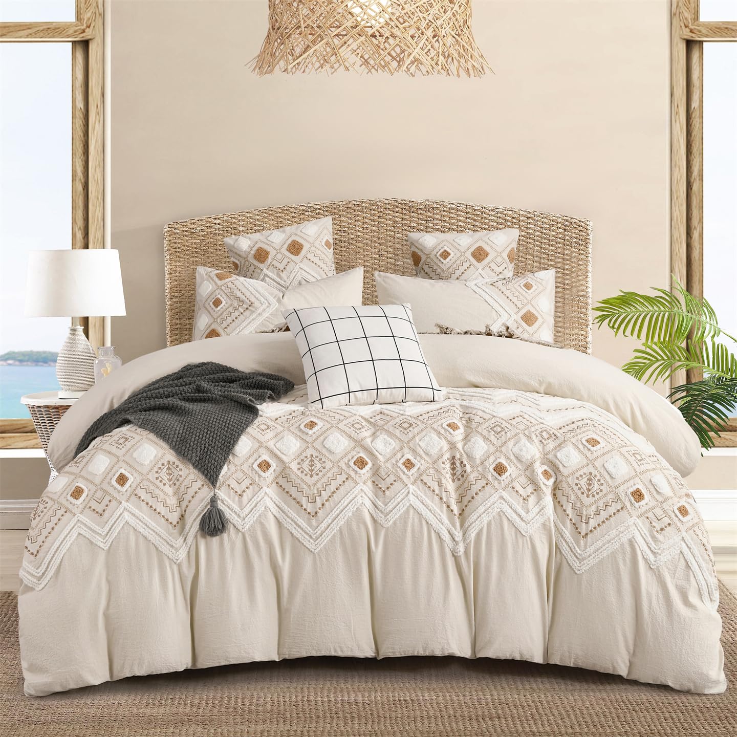 MASINISS Premium Linen Textured Cotton Embroidered Boho Duvet Cover King Set, Exclusively Designed for Those Who Pursue Quality Life, Natural Linen Color, 104x90'' 3pcs Set (No Filling)