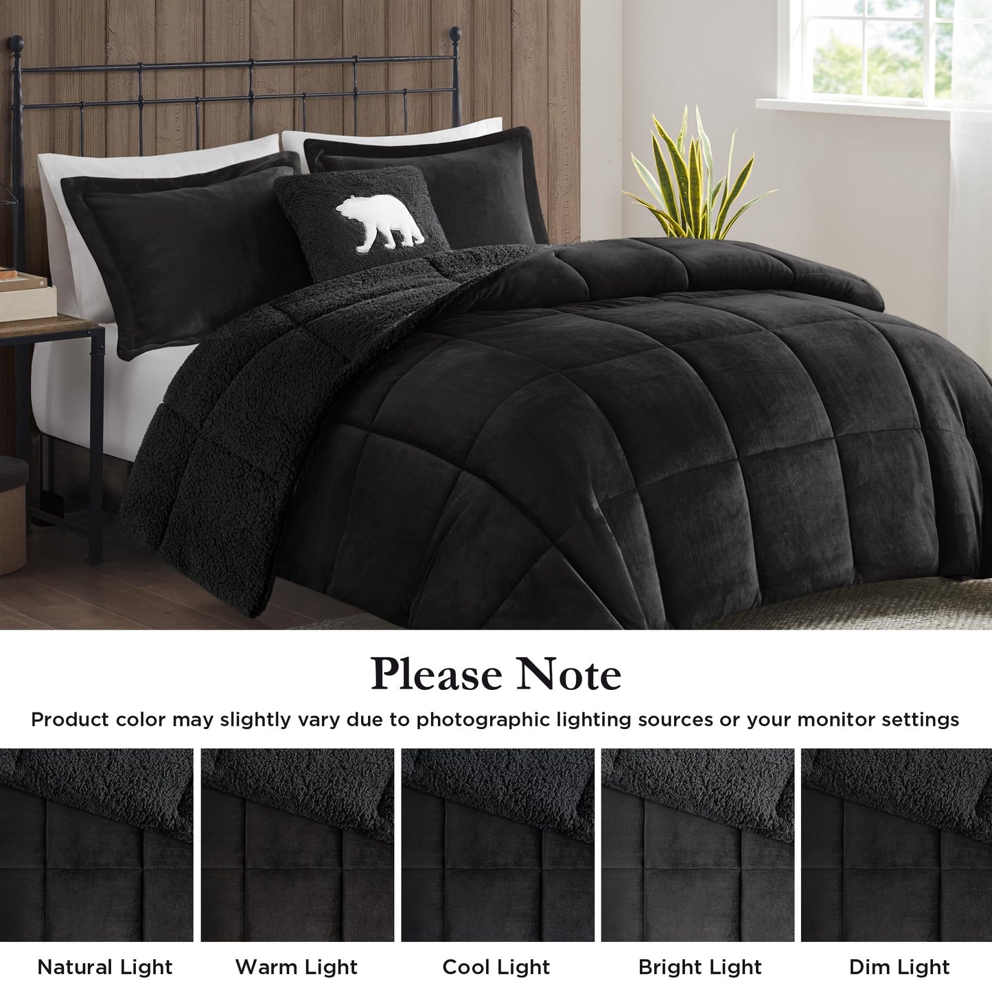 Woolrich Reversible Comforter Set Ultra Soft Plush to Sherpa, Down Alternative, Cold Weather Winter Warm Bedding, with Matching Sham, Decorative Pillow Black/Black Full/Queen 4 Piece