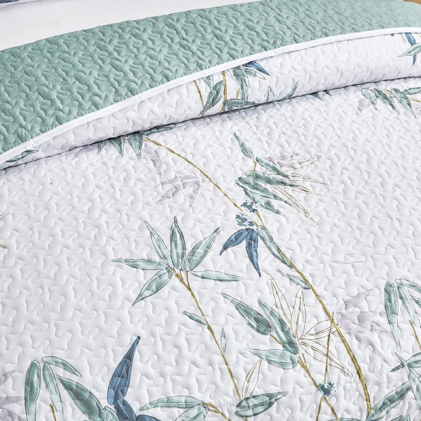 Botanical Quilt Set 3 Pieces King Size, Green Leaves Printed on White Reversible Bedspread Coverlet Set, Soft Microfiber Lightweight Bed Cover for All Season (102" x 90", 1 Quilt+ 2 Pillow Shams)