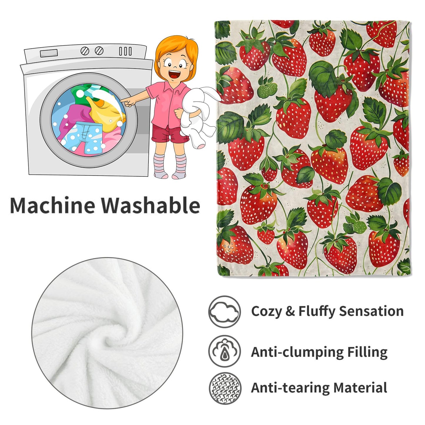 VODRM Strawberry Blanket Lush Red Strawberries Throw Blankets with Green Leaves,Birthday Gifts for Kids Adult Women,Lightweight Soft Fleece,for Sofa Couch Bed Room Farmhouse Decor 50x60in
