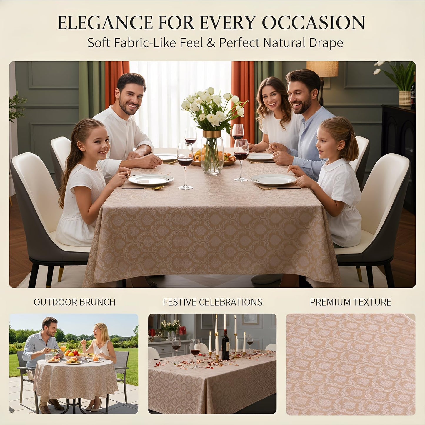 Qvthpv 55"x70" PVC Tablecloth, Waterproof Oilproof Heatproof Rectangular Table Cloth,Vinyl Mat for Kitchen Dining Holiday Party Camping (Flowers - Coffee Color)