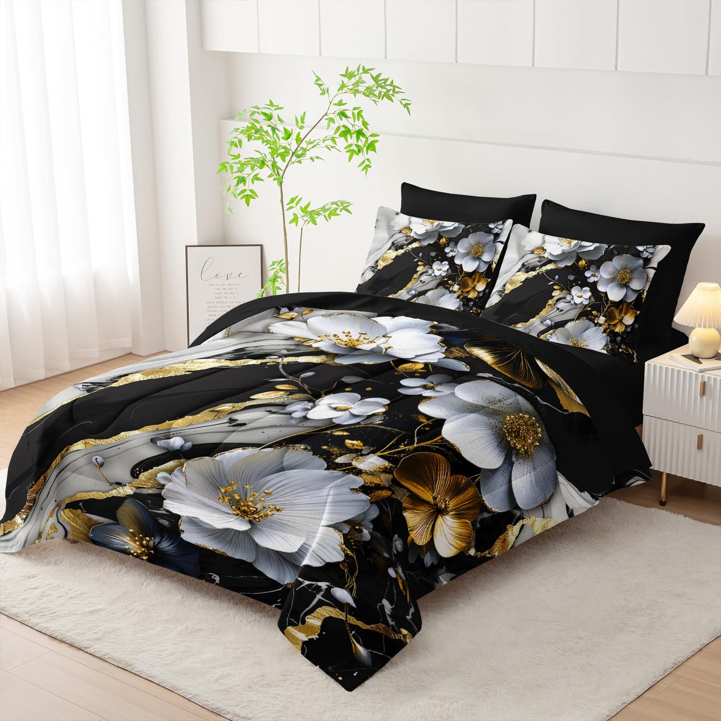 lneffble 7 Piece Marble Floral Comforter Set Queen，Black and White Marble Bedding Set，Black and Gold Marble Bedroom Decor，(1 Comforter, 1 Flat Sheet, 1 Fitted Sheet, 2 Pillowcase and 2 Pillow Sham)