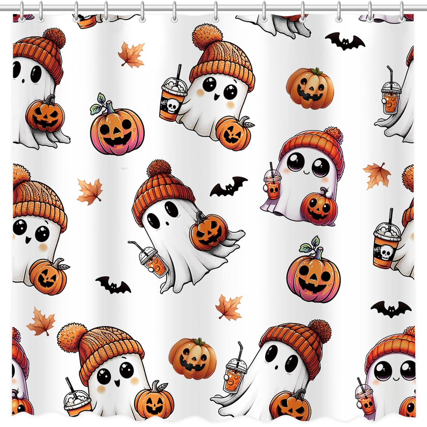 MEHOFOND Halloween Shower Curtain Cute Ghost Shower Curtain Pumpkin Maple Leaves Bat Spooky Halloween Festival Holiday Bathroom Decor Waterproof Fabric Washable with Hooks 72x72 in(White)