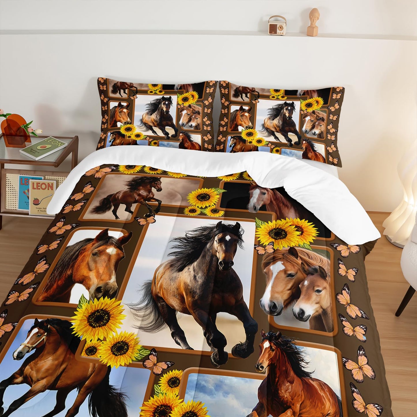 HOSIMA Horse Twin Size Comforter Sets,Kids Adult Girls Bedroom Modern Decor Brown Horse and Sunflower Bedding Sets,3D Print Wild Animals Pattern Western Bedding Set Theme with 2 Pillow Shams.