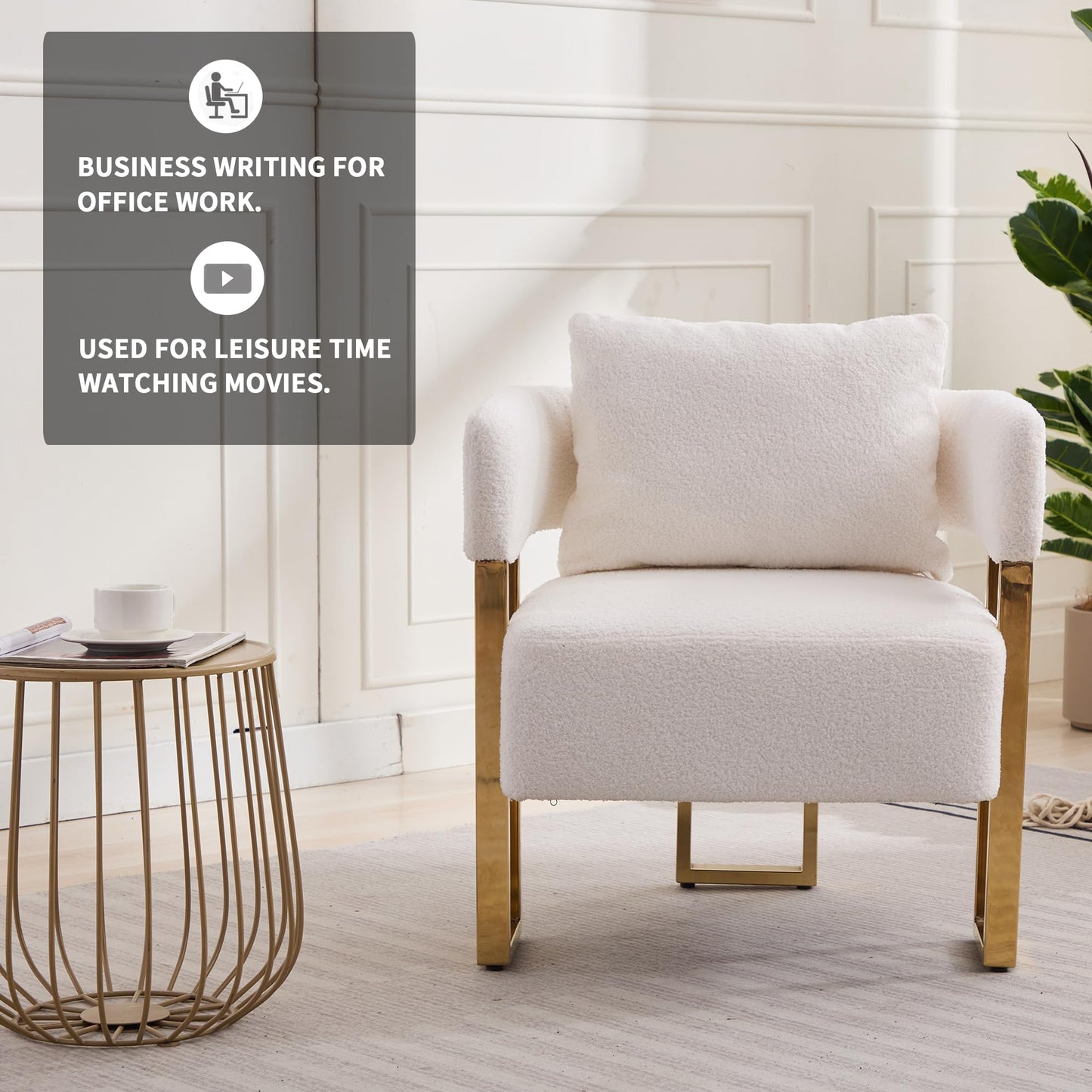 YITAI Modern Accent Chairs no Wheels, Living Room Side Chairs Set of 2 with Golden Metal Legs, Barrel Soft Teddyt Upholstered Reading Armchairs for OfficeReception RoomBedroomLounge,White