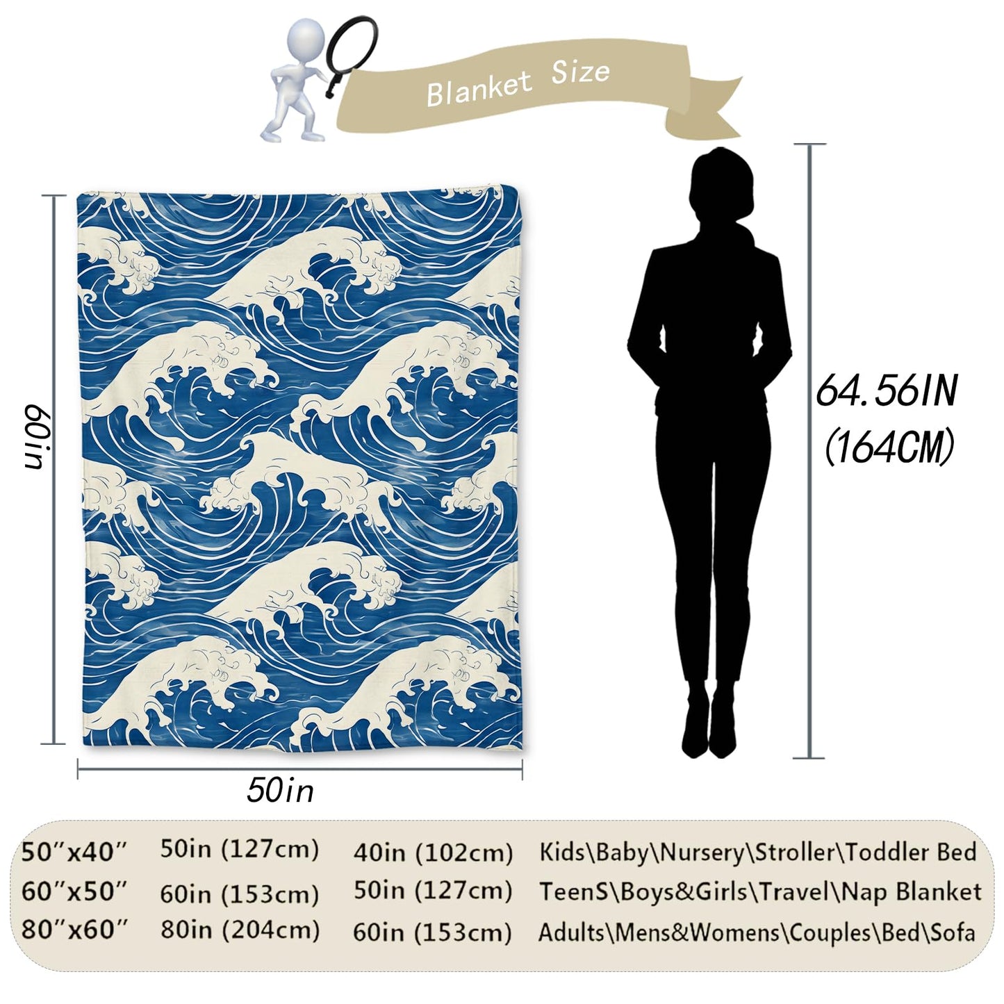 Ti Caldi Ocean Waves Blanket Gifts, Japanese Blue Wave Pattern Flannel Throw Blanket for Couch, Bed, Travel & Decor, Cozy Lightweight Warm Coastal Blankets for Adults Women Kids Teens 60×50 in