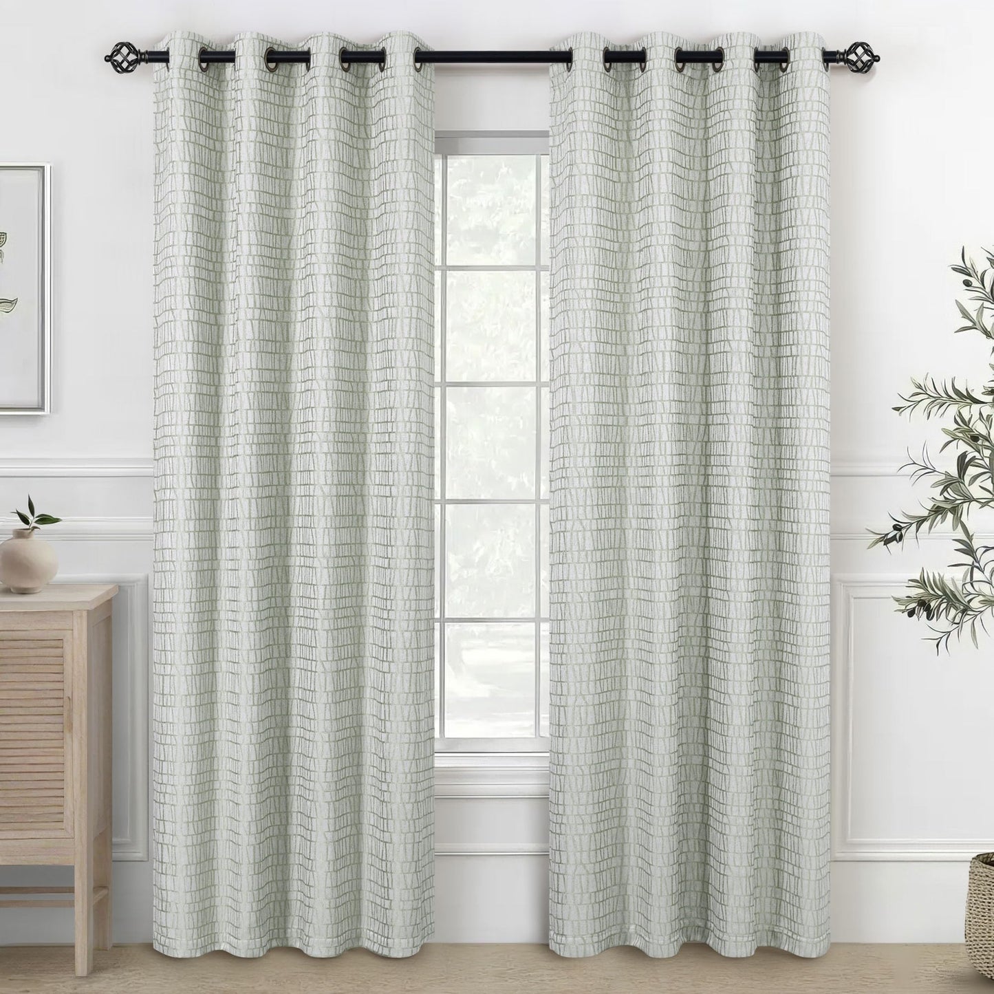 Sage Green Pattern Curtains for Living Room Bohemian 50% Blackout Room Darkening Printed Drapes Grommet Geometric Ethnic Buffalo Plaid Silk Textured Boho Curtains for Bedroom 84 Inches Long 2 Panels